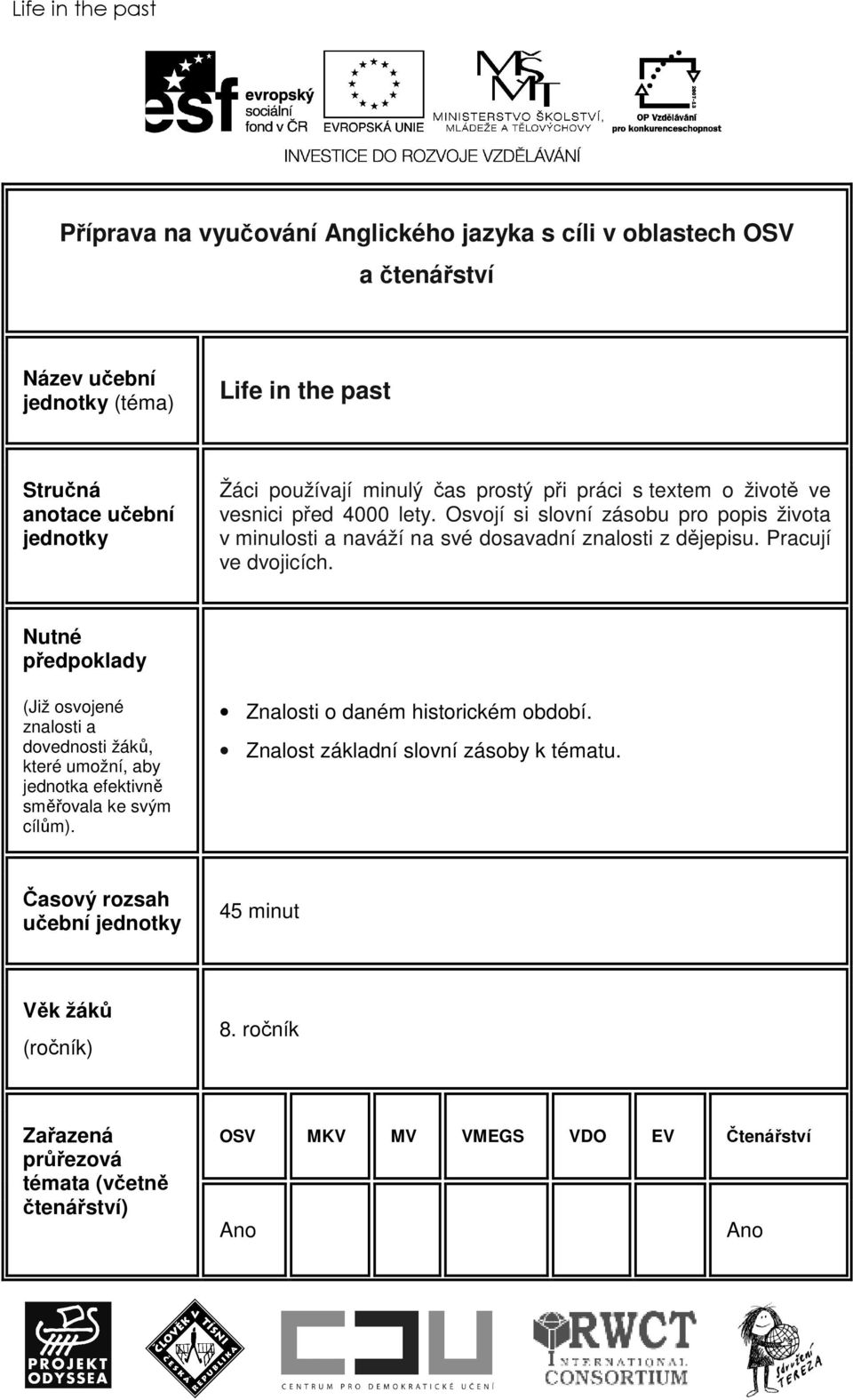 Pracují ve dvojicích. Nutné předpoklady (Již osvojené znalosti a dovednosti žáků, které umožní, aby jednotka efektivně směřovala ke svým cílům).