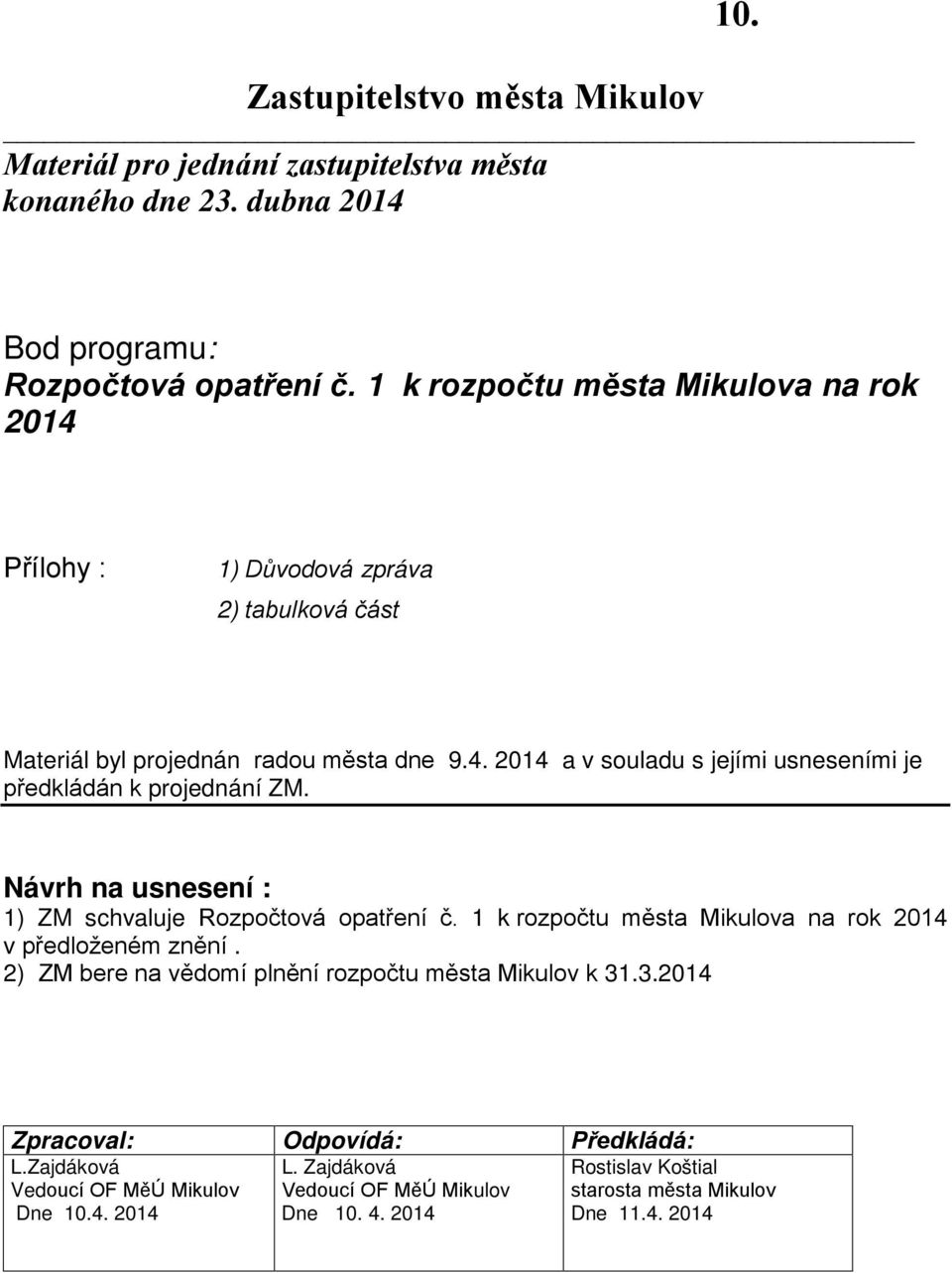 Návrh na usnesení : 1) ZM schvaluje Rozpočtová opatření č. 1 k rozpočtu města Mikulova na rok 2014 v předloženém znění. 2) ZM bere na vědomí plnění rozpočtu města Mikulov k 31