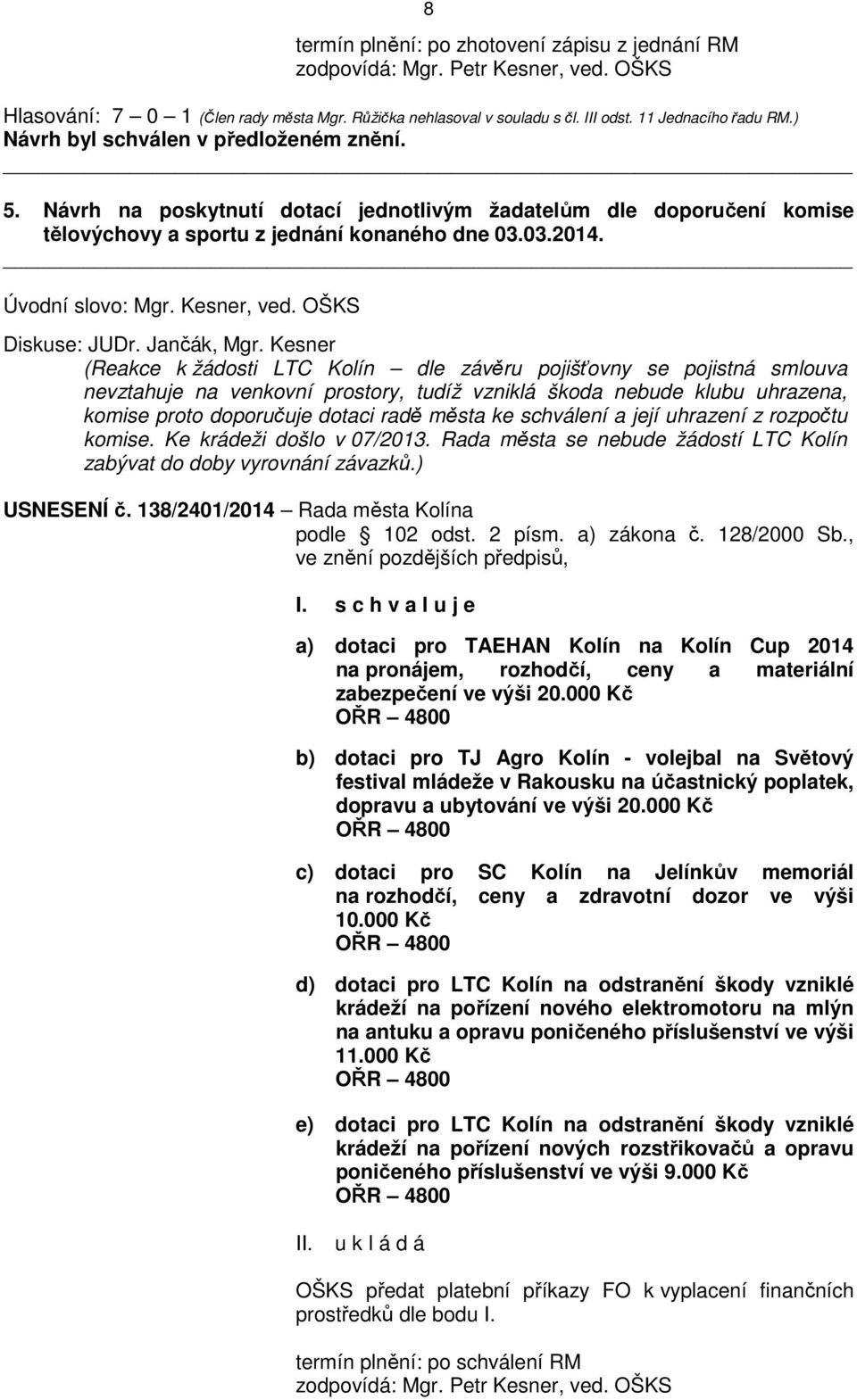 Kesner (Reakce k žádosti LTC Kolín dle závěru pojišťovny se pojistná smlouva nevztahuje na venkovní prostory, tudíž vzniklá škoda nebude klubu uhrazena, komise proto doporučuje dotaci radě města ke