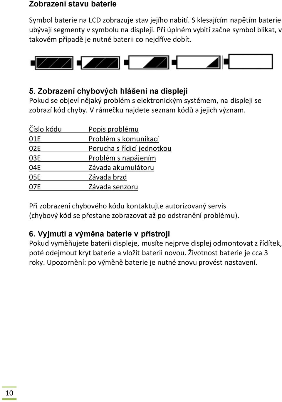 Zobrazení chybových hlášení na displeji Pokud se objeví nějaký problém s elektronickým systémem, na displeji se zobrazí kód chyby. V rámečku najdete seznam kódů a jejich význam.