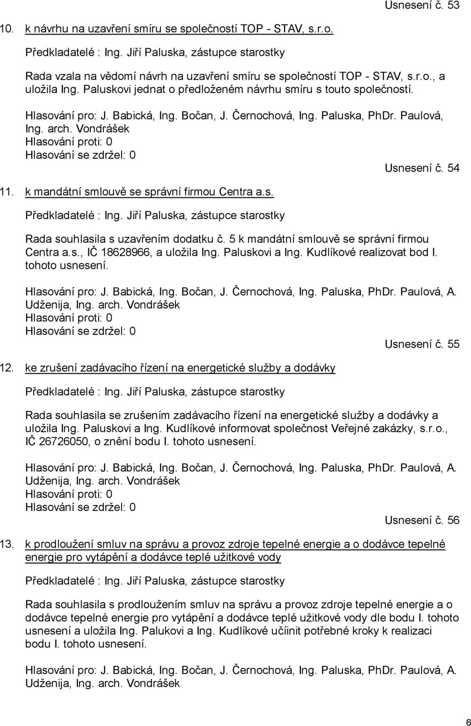 Hlasování pro: J. Babická, Ing. Bočan, J. Černochová, Ing. Paluska, PhDr. Paulová, Ing. arch. Vondrášek Hlasování proti: 0 Hlasování se zdržel: 0 Usnesení č. 54 11.