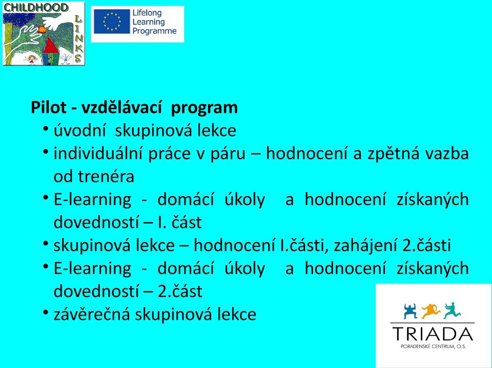 získaných dovedností I. část skupinová lekce hodnocení I.části, zahájení 2.