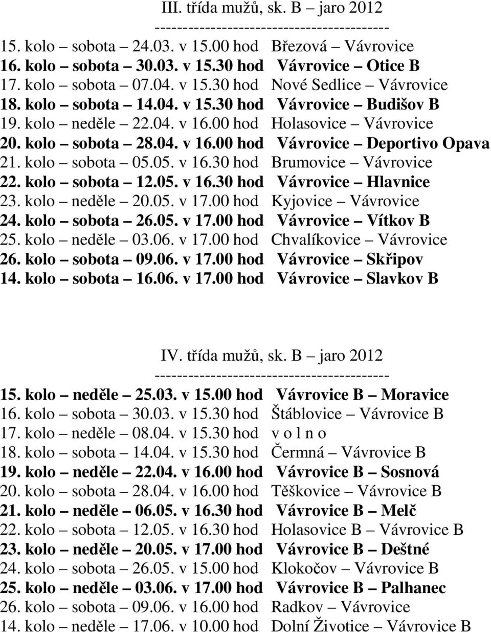 kolo sobota 05.05. v 16.30 hod Brumovice Vávrovice 22. kolo sobota 12.05. v 16.30 hod Vávrovice Hlavnice 23. kolo neděle 20.05. v 17.00 hod Kyjovice Vávrovice 24. kolo sobota 26.05. v 17.00 hod Vávrovice Vítkov B 25.