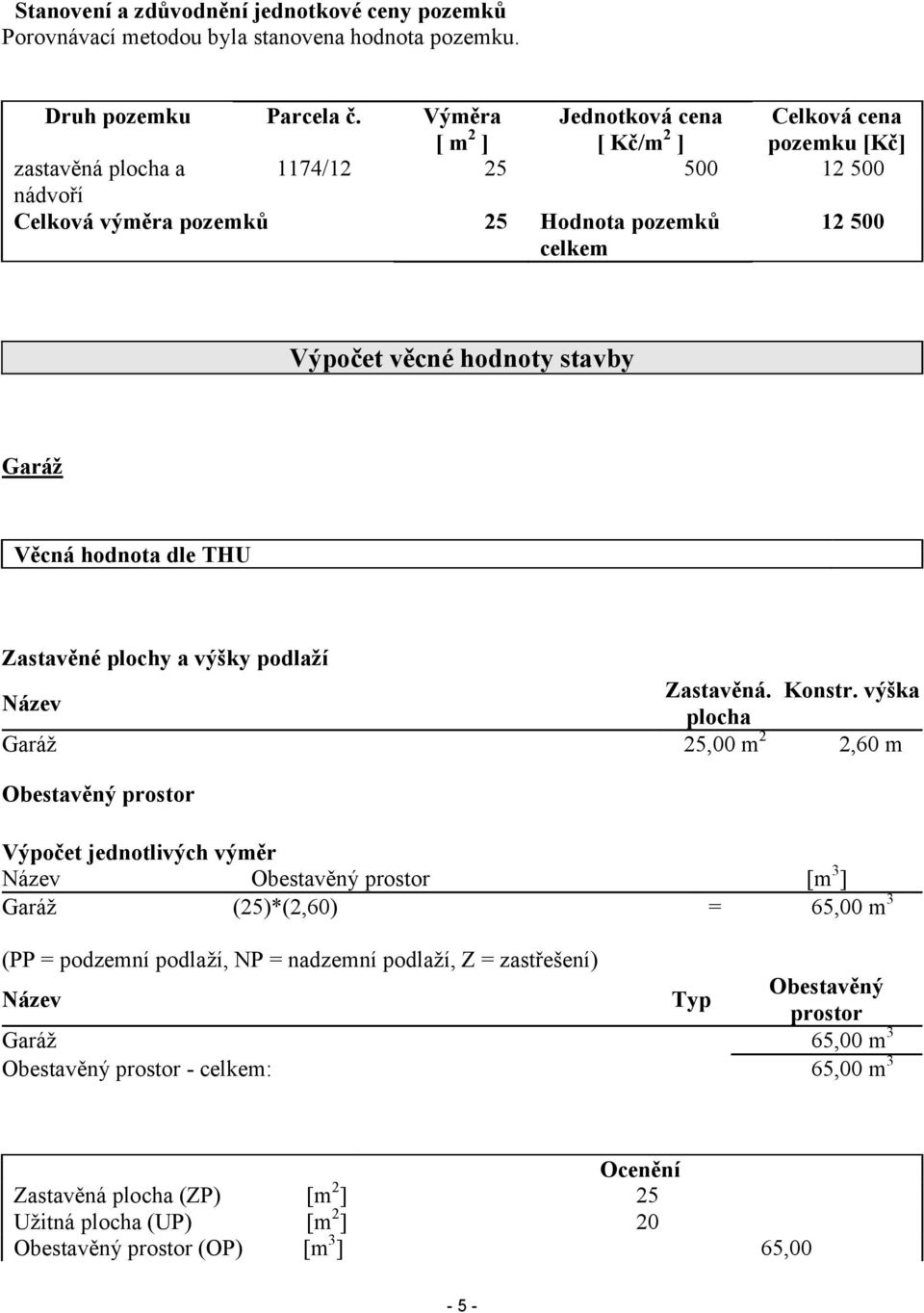 stavby Garáž Věcná hodnota dle THU Zastavěné plochy a výšky podlaží Zastavěná. Konstr.