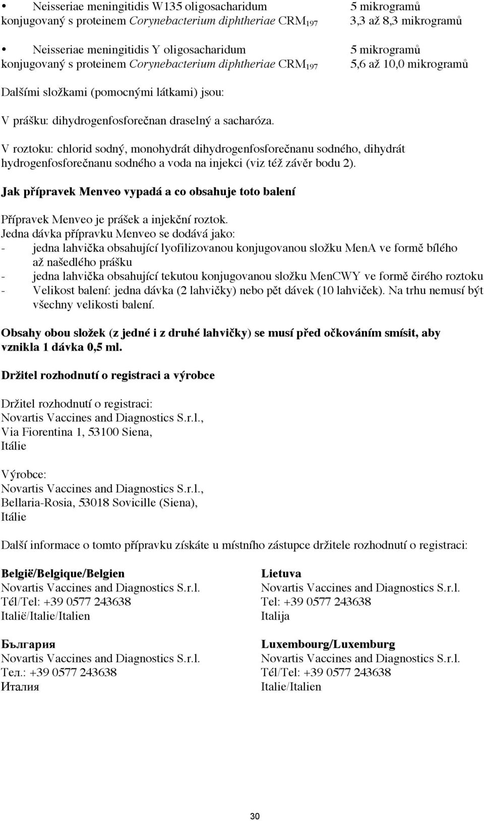 V roztoku: chlorid sodný, monohydrát dihydrogenfosforečnanu sodného, dihydrát hydrogenfosforečnanu sodného a voda na injekci (viz též závěr bodu 2).