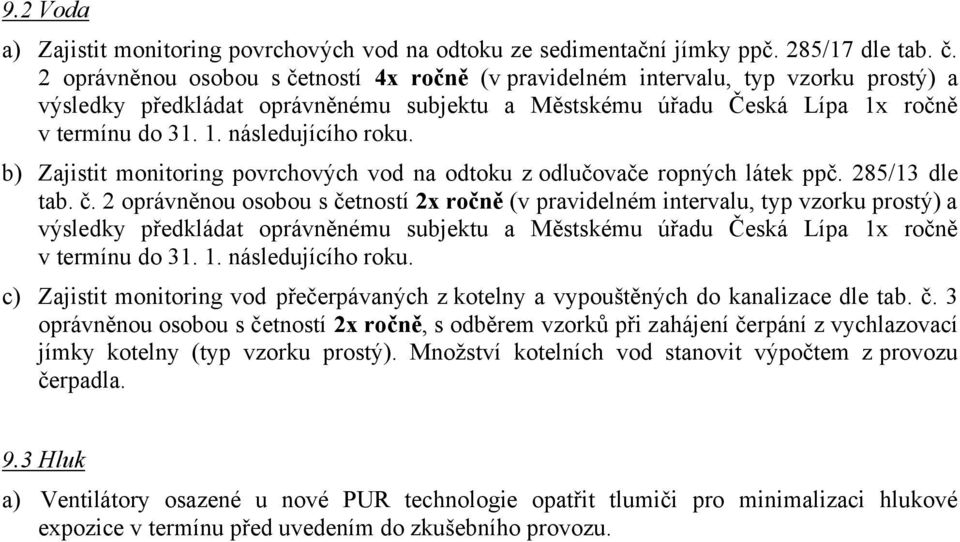 b) Zajistit monitoring povrchových vod na odtoku z odlučovače ropných látek ppč. 285/13 dle tab. č.