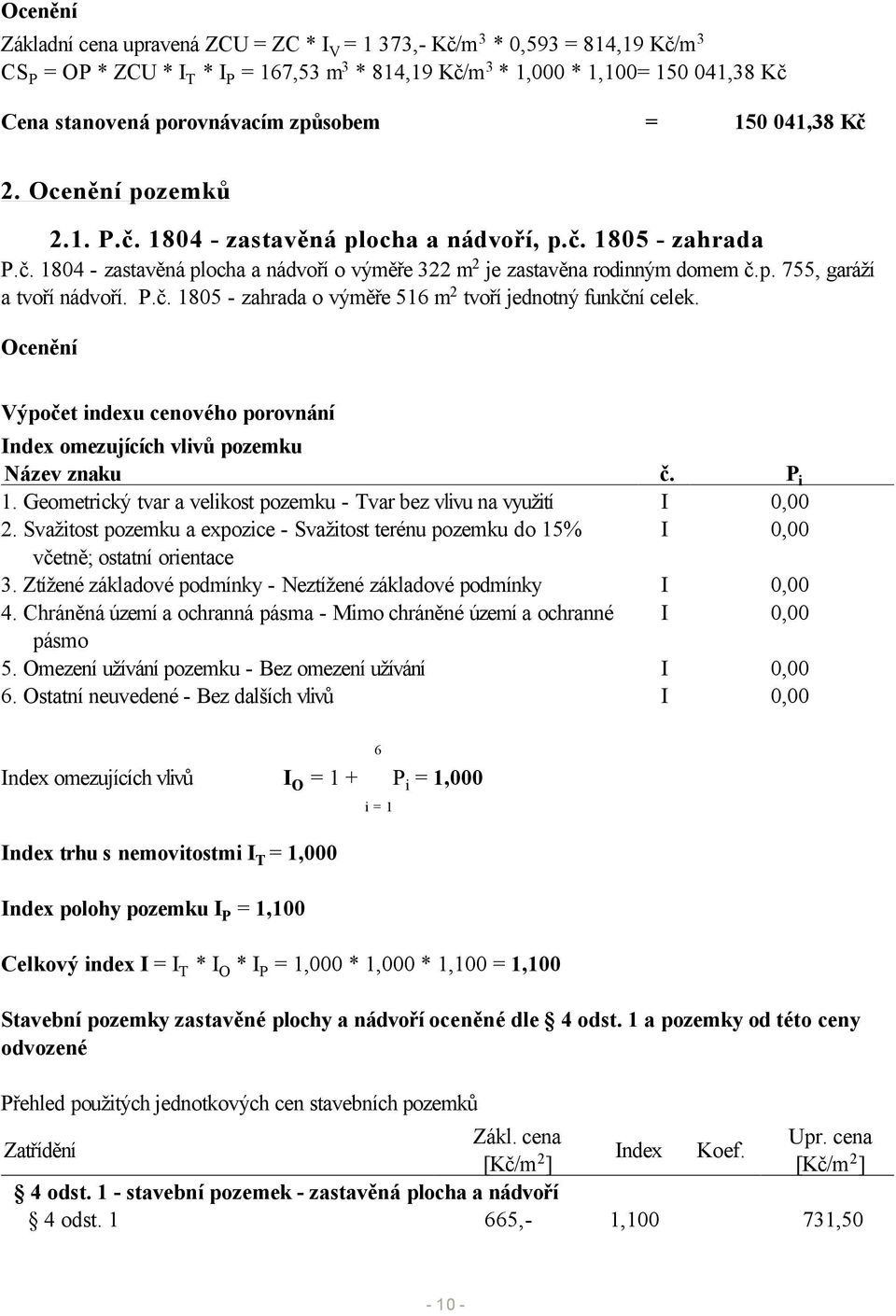 p. 755, garáží a tvoří nádvoří. P.č. 1805 - zahrada o výměře 516 m 2 tvoří jednotný funkční celek. Ocenění Výpočet indexu cenového porovnání Index omezujících vlivů pozemku Název znaku č. P i 1.