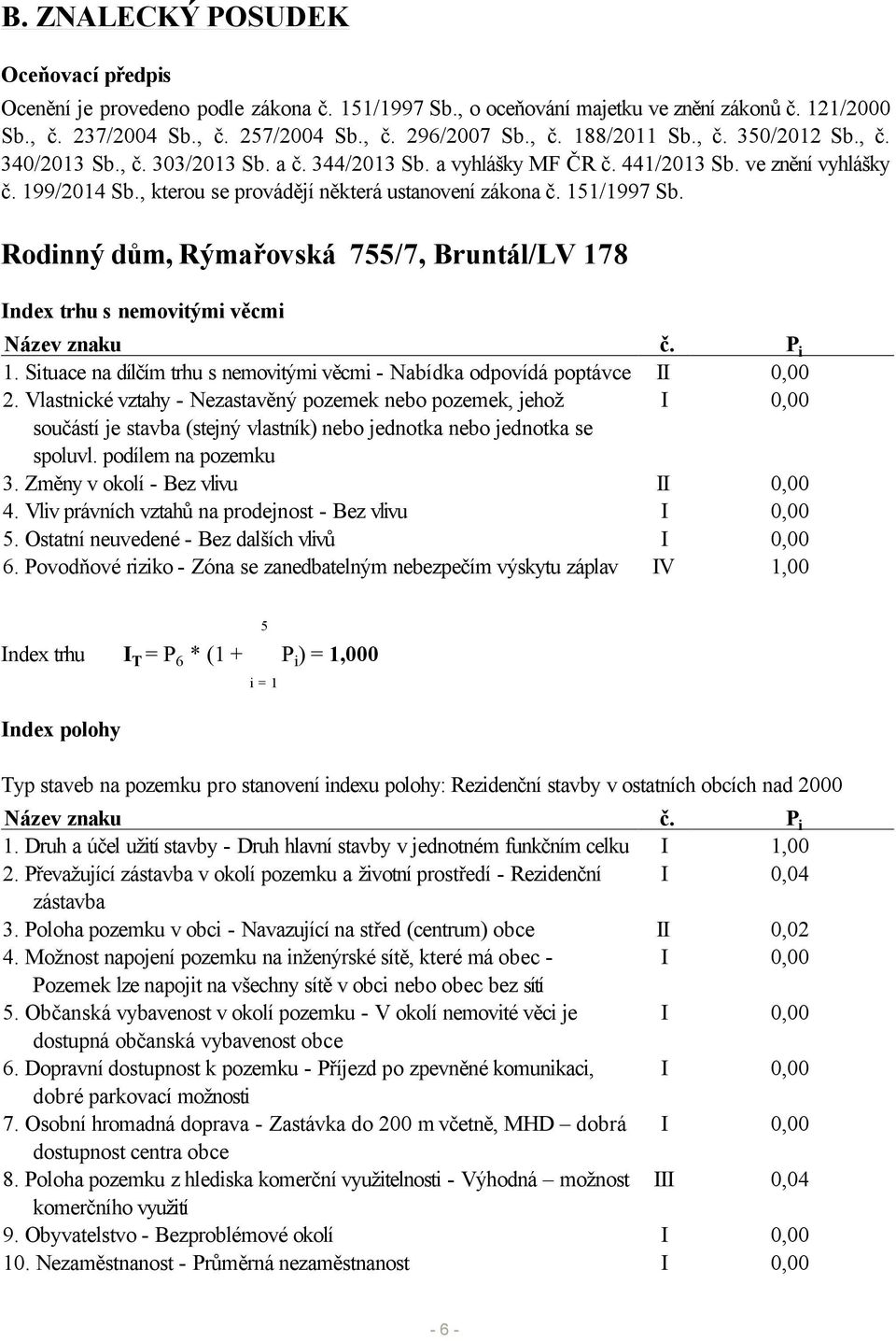 Rodinný dům, Rýmařovská 755/7, Bruntál/LV 178 Index trhu s nemovitými věcmi Název znaku č. P i 1. Situace na dílčím trhu s nemovitými věcmi - Nabídka odpovídá poptávce II 0,00 2.