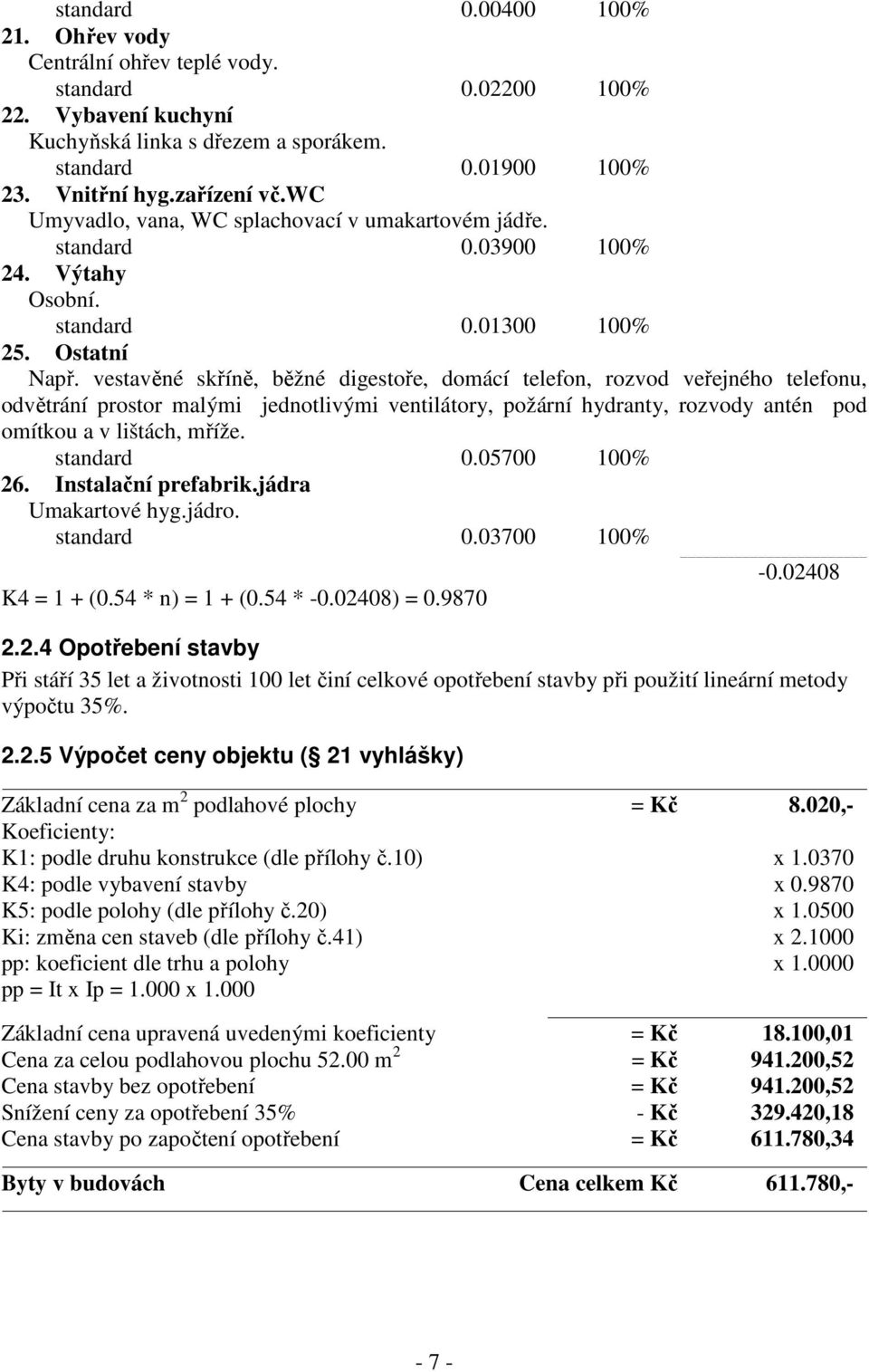 vestavěné skříně, běžné digestoře, domácí telefon, rozvod veřejného telefonu, odvětrání prostor malými jednotlivými ventilátory, požární hydranty, rozvody antén pod omítkou a v lištách, mříže.