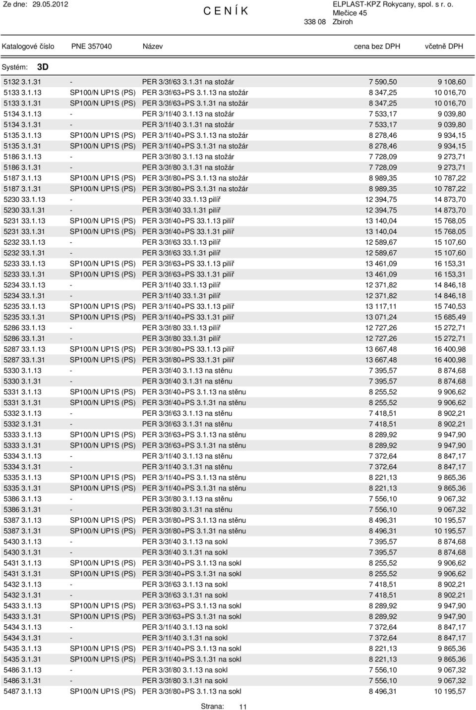 1.31 SP100/N UP1S (PS) PER 3/1f/40+PS 3.1.31 na stožár 8 278,46 9 934,15 5186 3.1.13 - PER 3/3f/80 3.1.13 na stožár 7 728,09 9 273,71 5186 3.1.31 - PER 3/3f/80 3.1.31 na stožár 7 728,09 9 273,71 5187 3.
