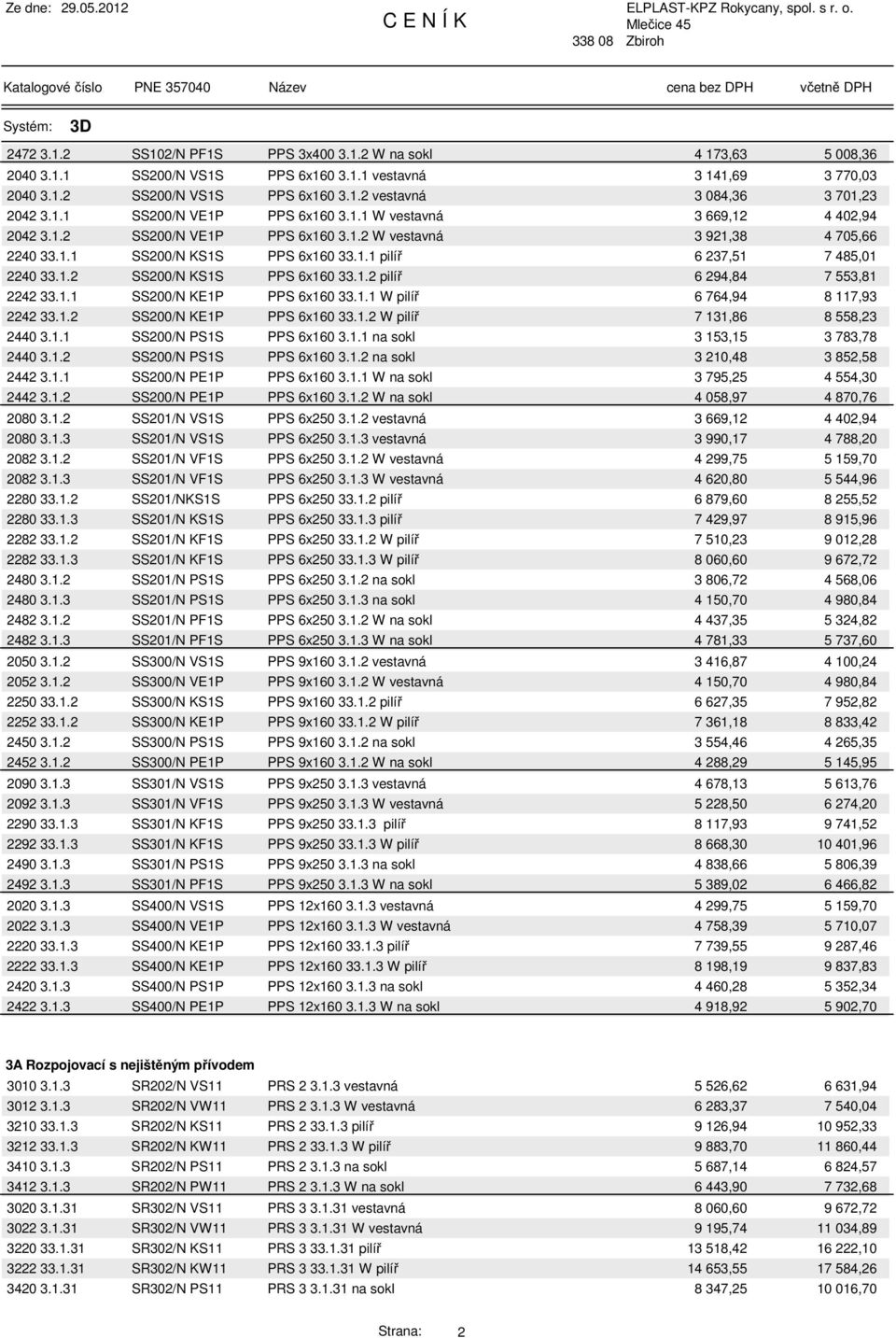 1.2 SS200/N KS1S PPS 6x160 33.1.2 pilíř 6 294,84 7 553,81 2242 33.1.1 SS200/N KE1P PPS 6x160 33.1.1 W pilíř 6 764,94 8 117,93 2242 33.1.2 SS200/N KE1P PPS 6x160 33.1.2 W pilíř 7 131,86 8 558,23 2440 3.