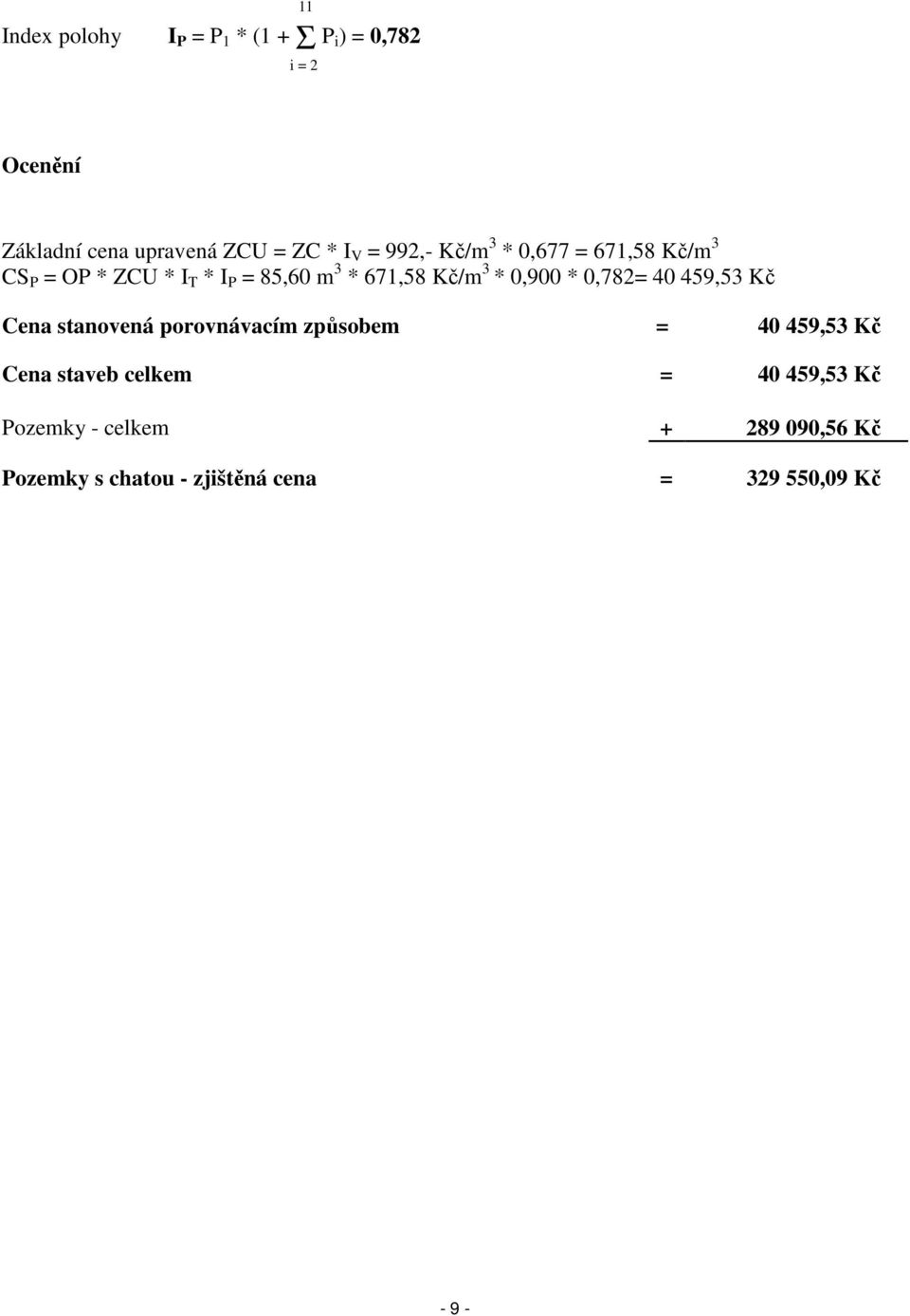 0,900 * 0,782= 40 459,53 Kč Cena stanovená porovnávacím způsobem = 40 459,53 Kč Cena staveb celkem