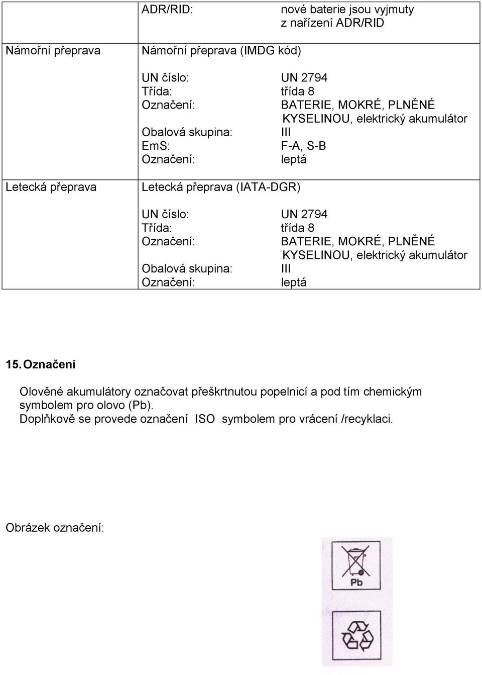 2794 Třída: třída 8 BATERIE, MOKRÉ, PLNĚNÉ KYSELINOU, elektrický akumulátor Obalová skupina: III leptá 15.