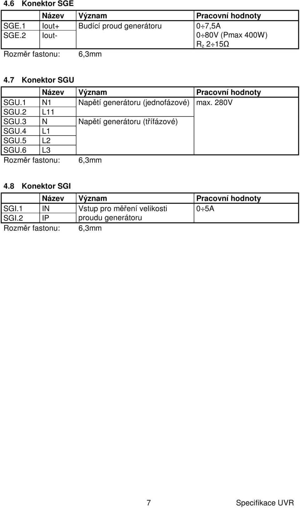 1 N1 Nap tí generátoru (jednofázové) max. 280V SGU.2 L11 SGU.3 N Nap tí generátoru (t ífázové) SGU.4 L1 SGU.5 L2 SGU.