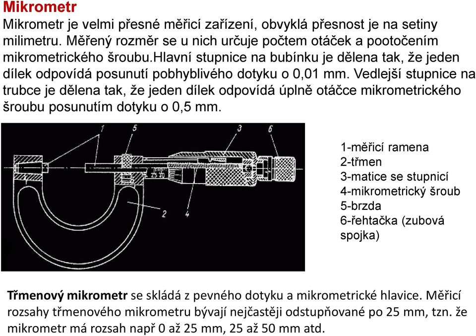 Vedlejší stupnice na trubce je dělena tak, že jeden dílek odpovídá úplně otáčce mikrometrického šroubu posunutím dotyku o 0,5 mm.