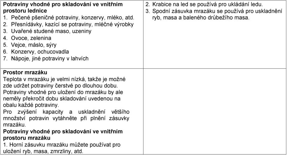 Spodní zásuvka mrazáku se používá pro uskladnění ryb, masa a baleného drůbežího masa. Prostor mrazáku Teplota v mrazáku je velmi nízká, takže je možné zde udržet potraviny čerstvé po dlouhou dobu.