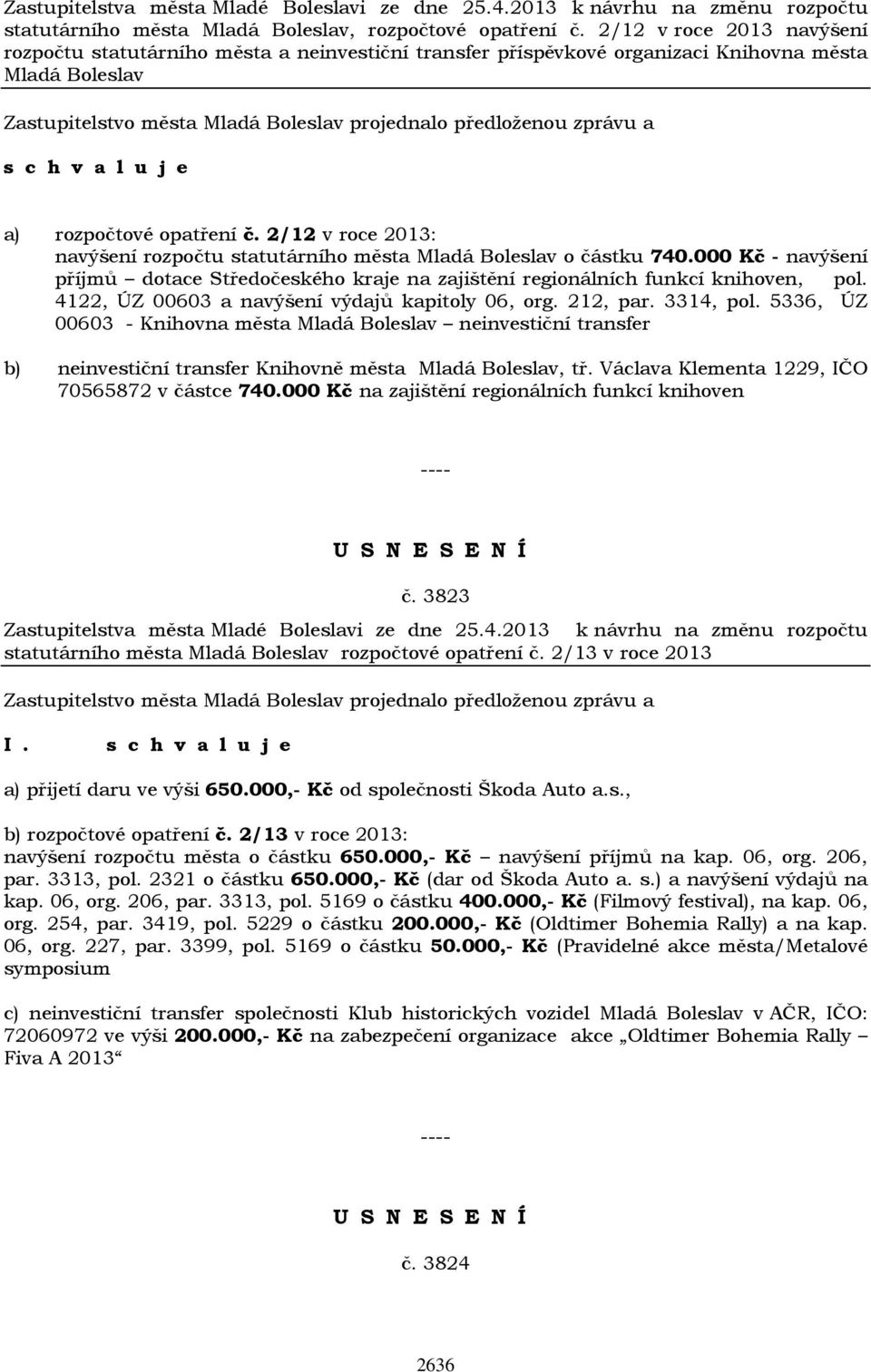 2/12 v roce 2013: navýšení rozpočtu statutárního města Mladá Boleslav o částku 740.000 Kč - navýšení příjmů dotace Středočeského kraje na zajištění regionálních funkcí knihoven, pol.