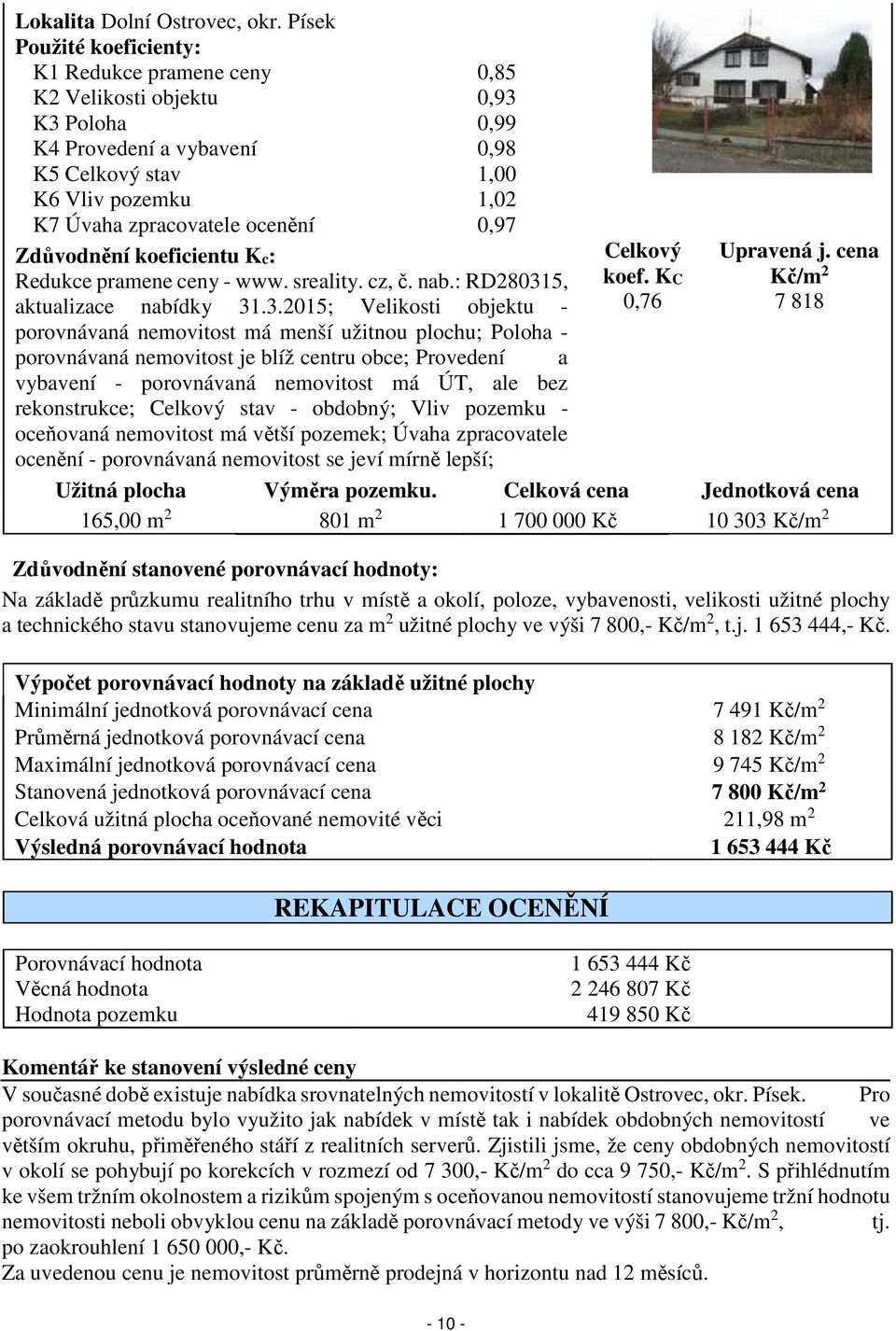 0,97 Zdůvodnění koeficientu Kc: Redukce pramene ceny - www. sreality. cz, č. nab.: RD28031