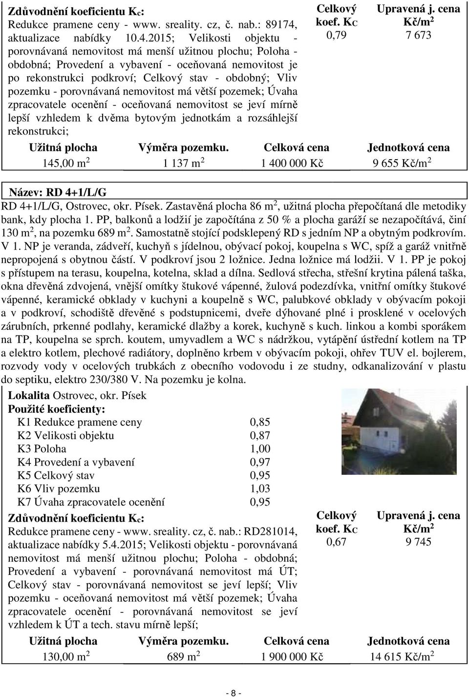 2015; Velikosti objektu - porovnávaná nemovitost má menší užitnou plochu; Poloha - obdobná; Provedení a vybavení - oceňovaná nemovitost je po rekonstrukci podkroví; Celkový stav - obdobný; Vliv