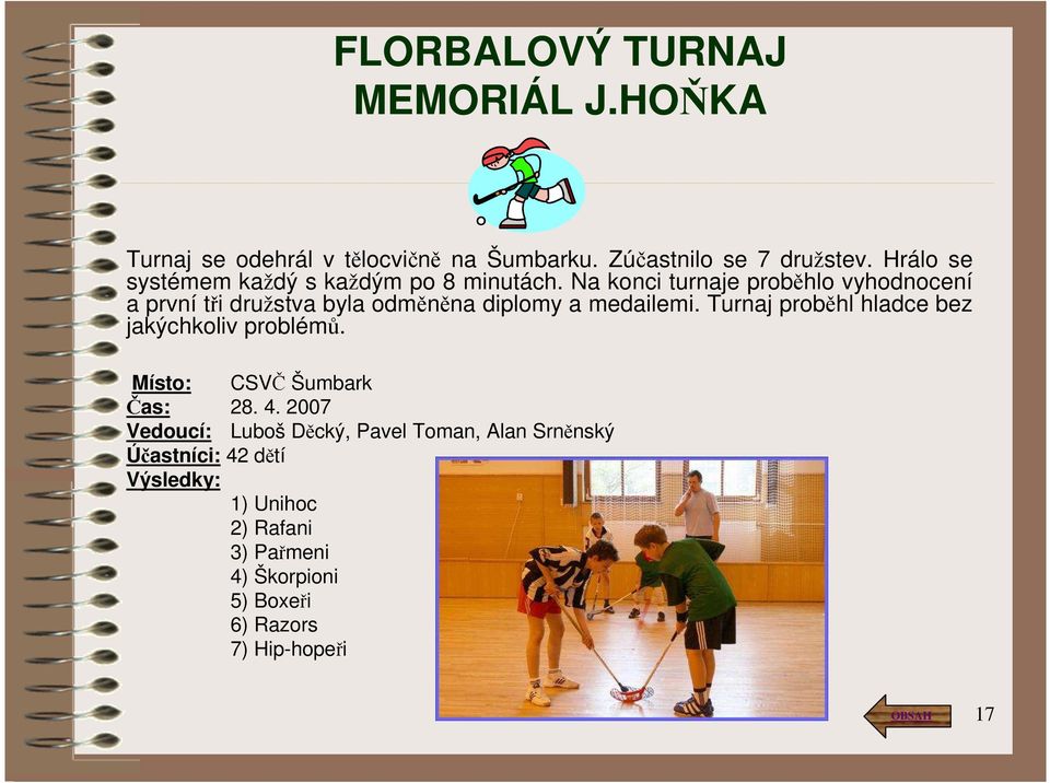 Na konci turnaje proběhlo vyhodnocení a první tři družstva byla odměněna diplomy a medailemi.
