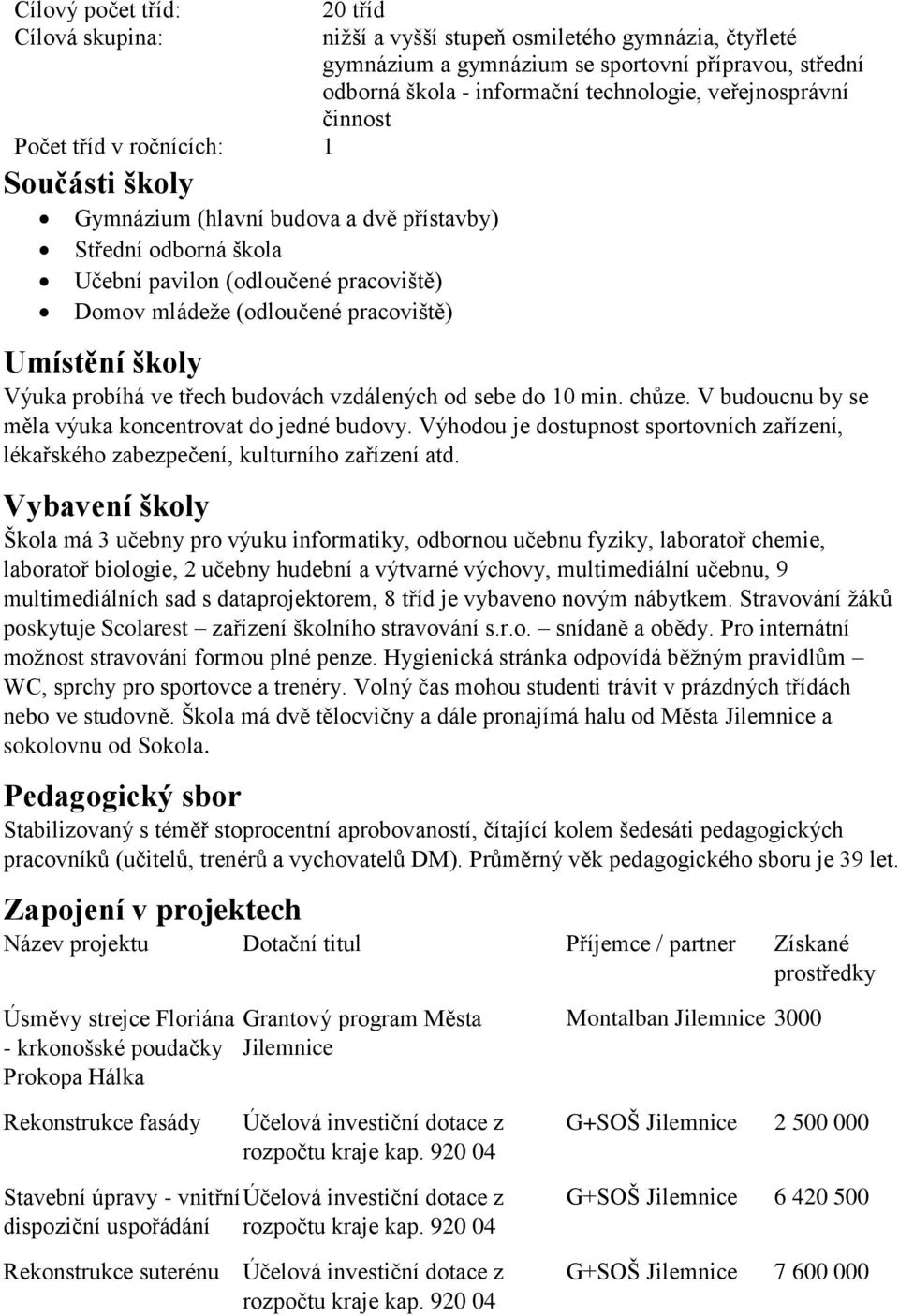 pracoviště) Umístění školy Výuka probíhá ve třech budovách vzdálených od sebe do 10 min. chůze. V budoucnu by se měla výuka koncentrovat do jedné budovy.