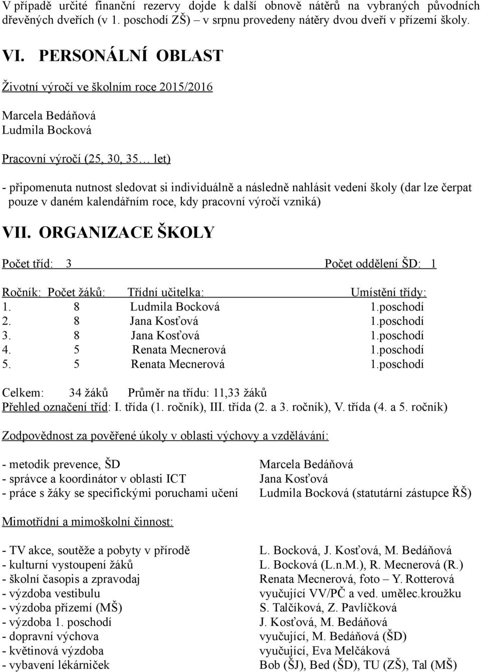 školy (dar lze čerpat pouze v daném kalendářním roce, kdy pracovní výročí vzniká) VII. ORGANIZACE ŠKOLY Počet tříd: 3 Počet oddělení ŠD: 1 Ročník: Počet žáků: Třídní učitelka: Umístění třídy: 1.