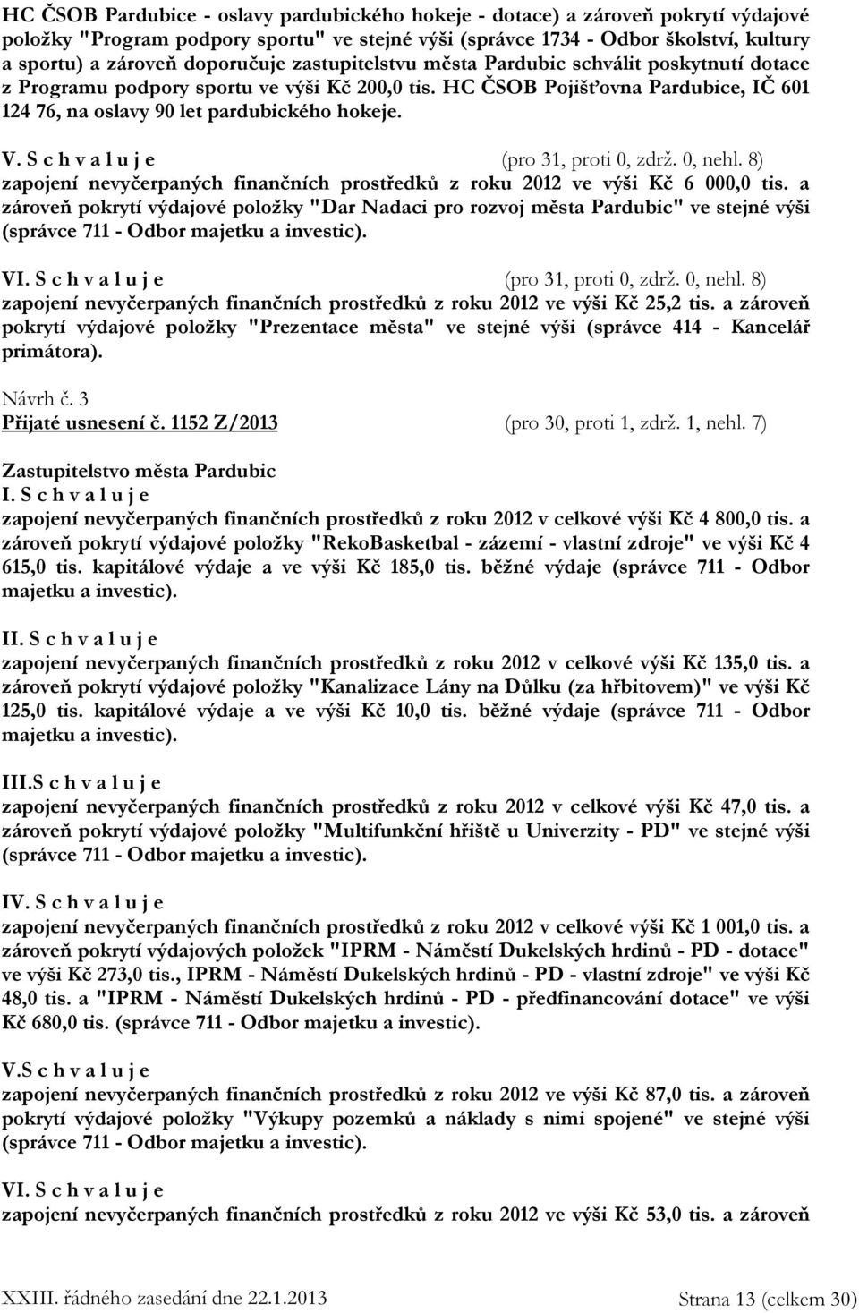 V. (pro 31, proti 0, zdrž. 0, nehl. 8) zapojení nevyčerpaných finančních prostředků z roku 2012 ve výši Kč 6 000,0 tis.