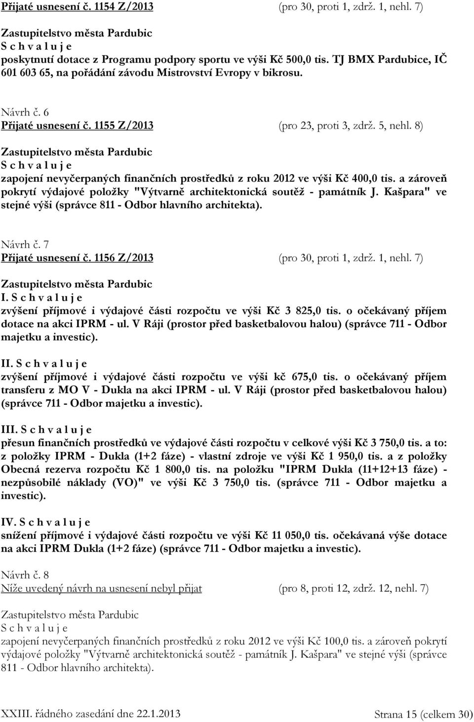 8) zapojení nevyčerpaných finančních prostředků z roku 2012 ve výši Kč 400,0 tis. a zároveň pokrytí výdajové položky "Výtvarně architektonická soutěž - památník J.