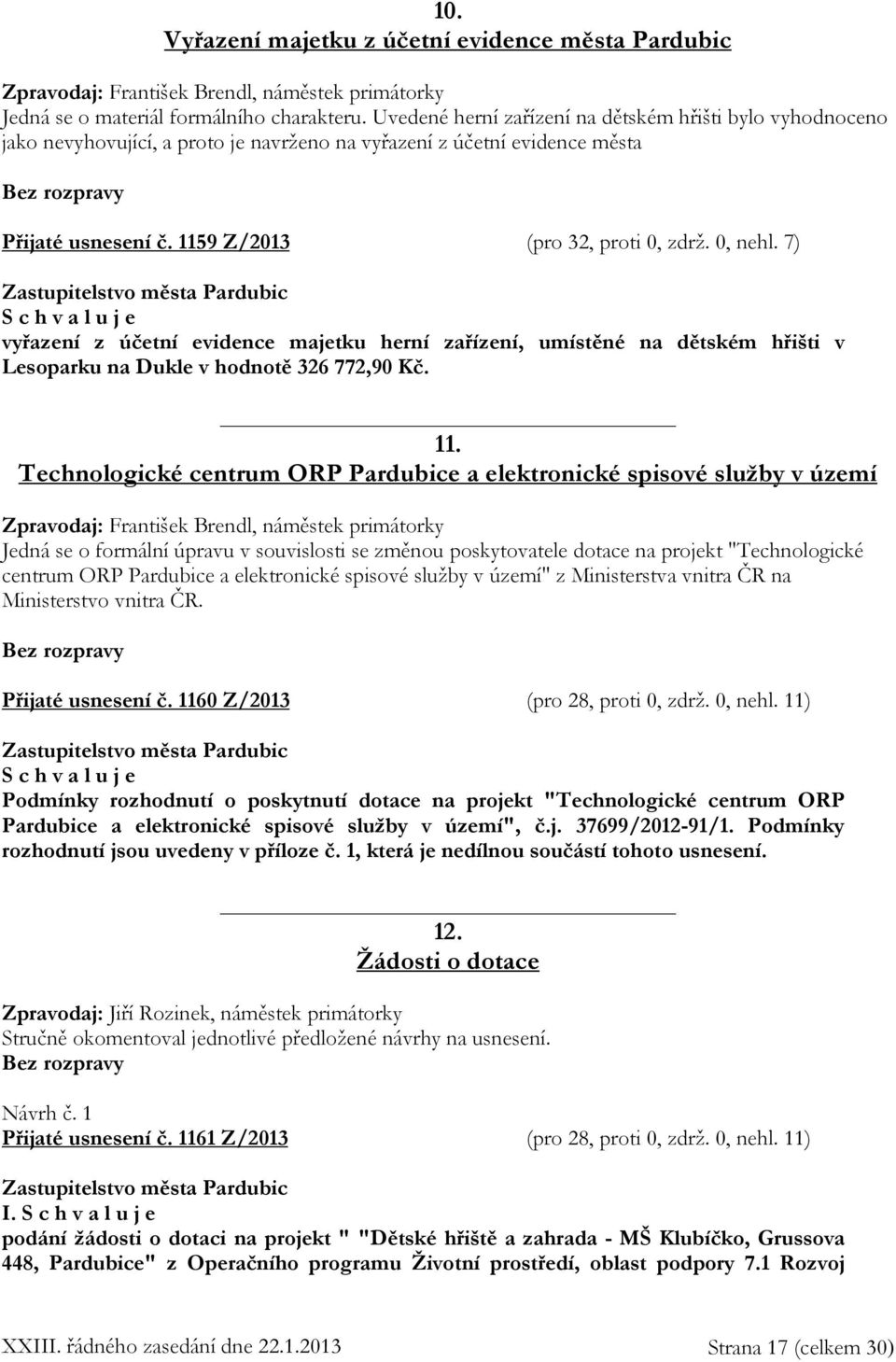 1159 Z/2013 (pro 32, proti 0, zdrž. 0, nehl. 7) vyřazení z účetní evidence majetku herní zařízení, umístěné na dětském hřišti v Lesoparku na Dukle v hodnotě 326 772,90 Kč. 11.