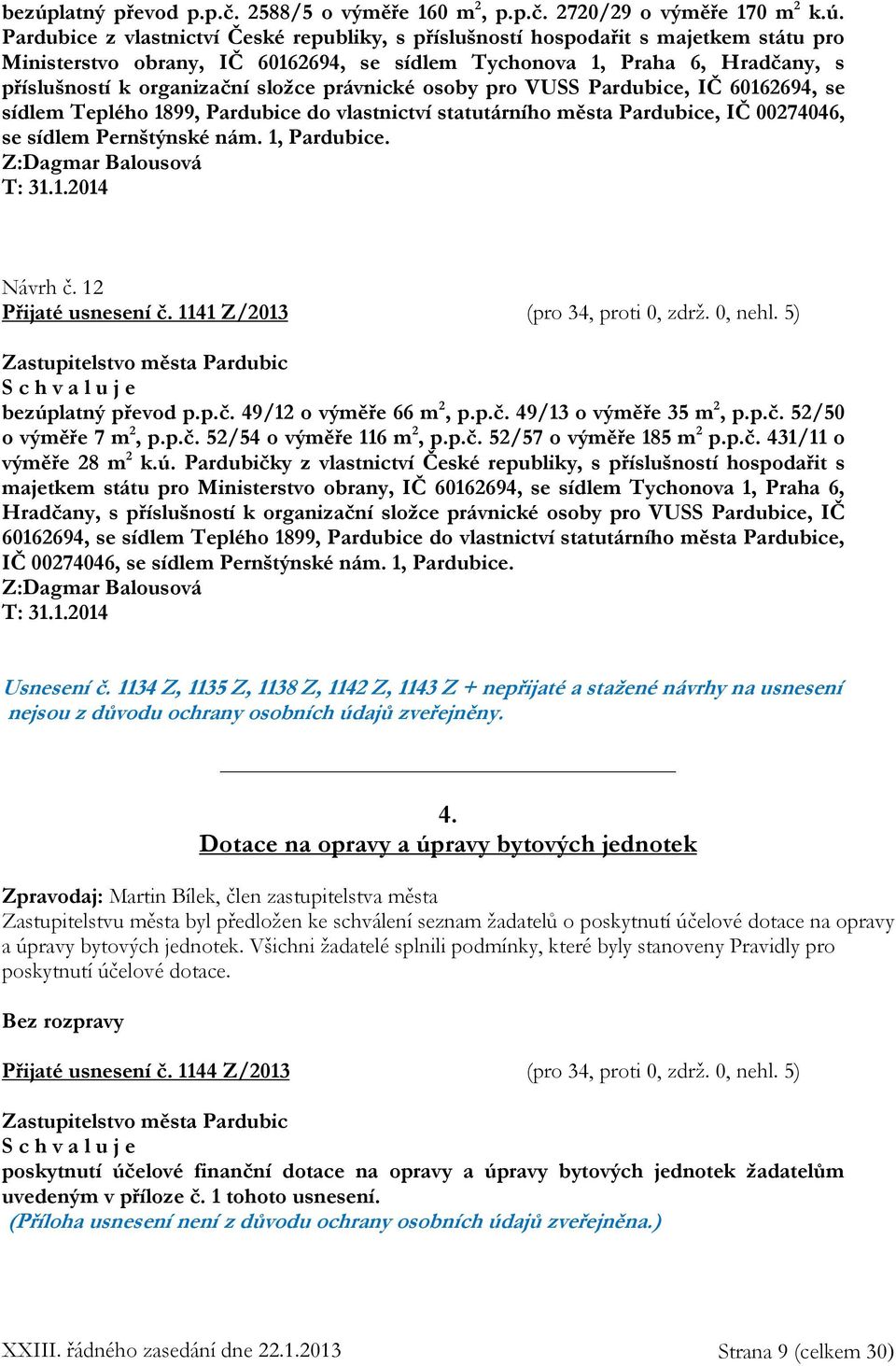 města Pardubice, IČ 00274046, se sídlem Pernštýnské nám. 1, Pardubice. Z:Dagmar Balousová T: 31.1.2014 Návrh č. 12 Přijaté usnesení č. 1141 Z/2013 (pro 34, proti 0, zdrž. 0, nehl.