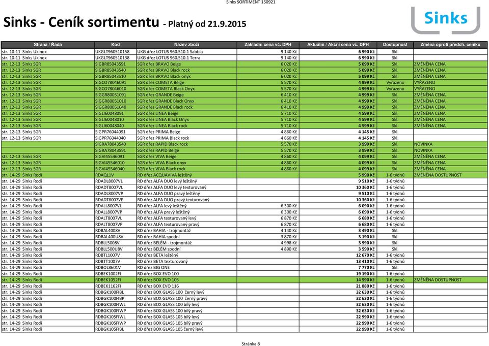 ZMĚNĚNA CENA str. 12-13 Sinks SGR SIGCO78046091 SGR dřez COMETA Beige 5 570 Kč 4999 Kč Vyřazeno VYŘAZENO str.