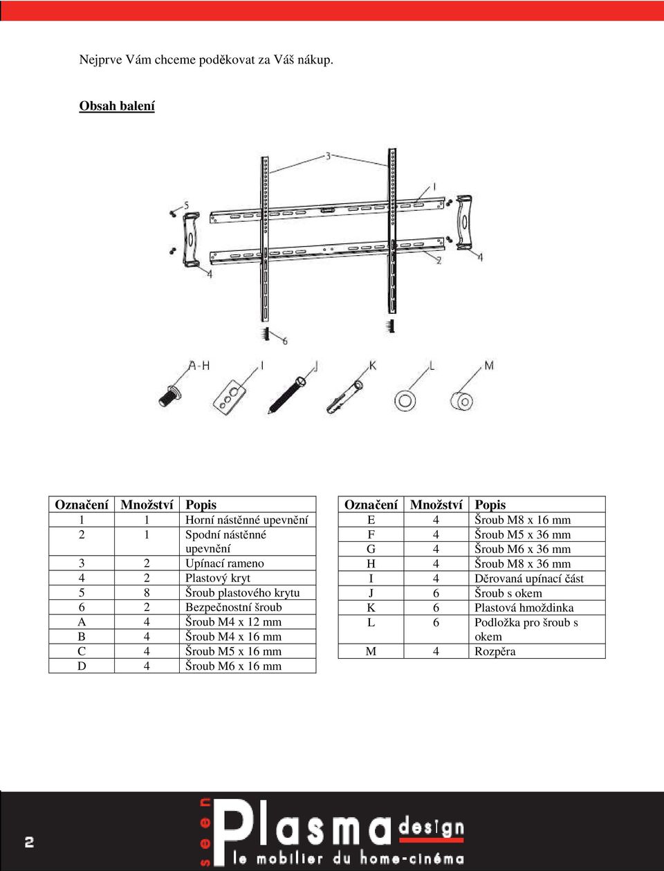 5 8 Šroub plastového krytu 6 2 Bezpečnostní šroub A 4 Šroub M4 x 12 mm B 4 Šroub M4 x 16 mm C 4 Šroub M5 x 16 mm D 4 Šroub M6 x 16