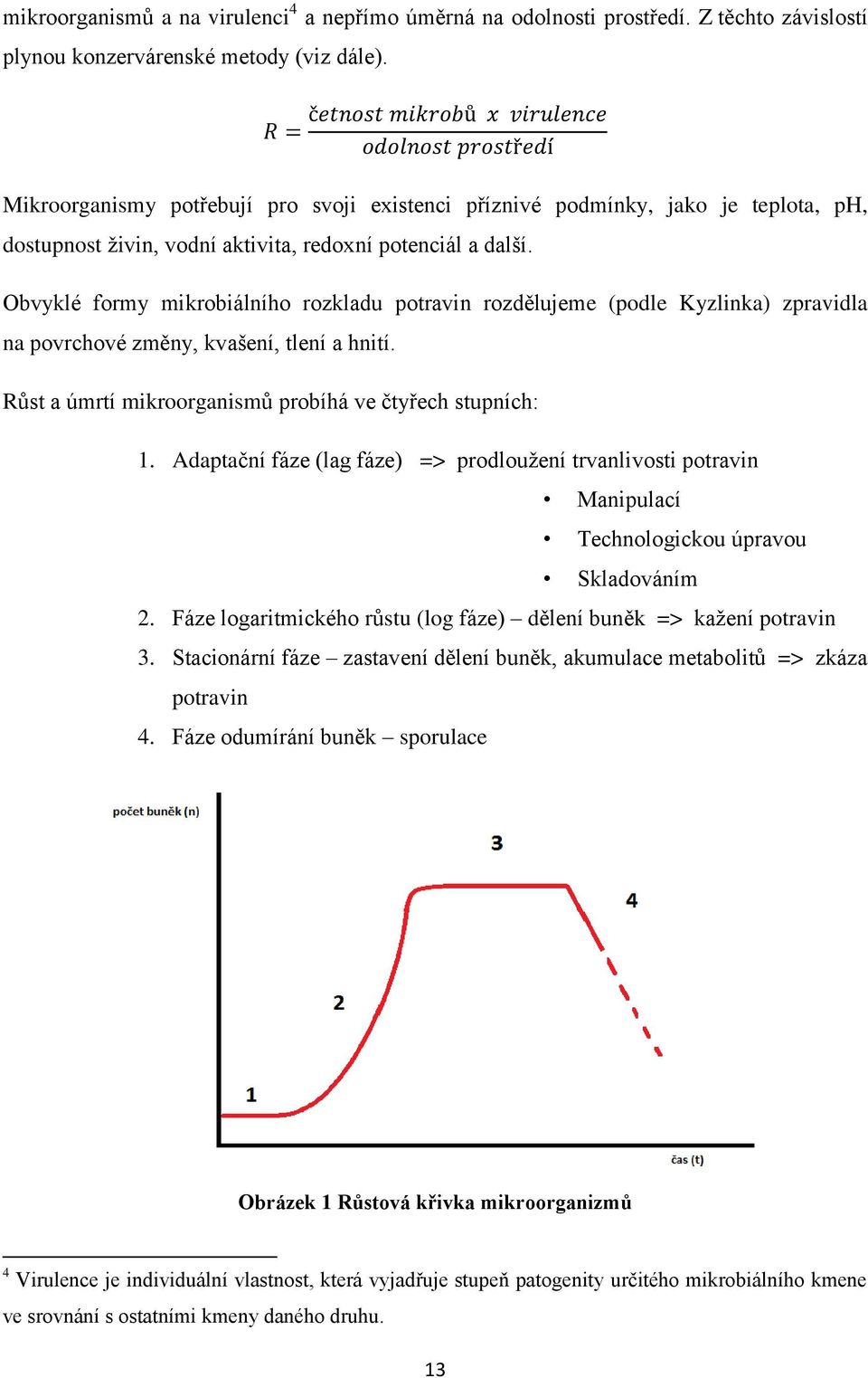 Obvyklé formy mikrobiálního rozkladu potravin rozdělujeme (podle Kyzlinka) zpravidla na povrchové změny, kvašení, tlení a hnití. Růst a úmrtí mikroorganismů probíhá ve čtyřech stupních: 1.