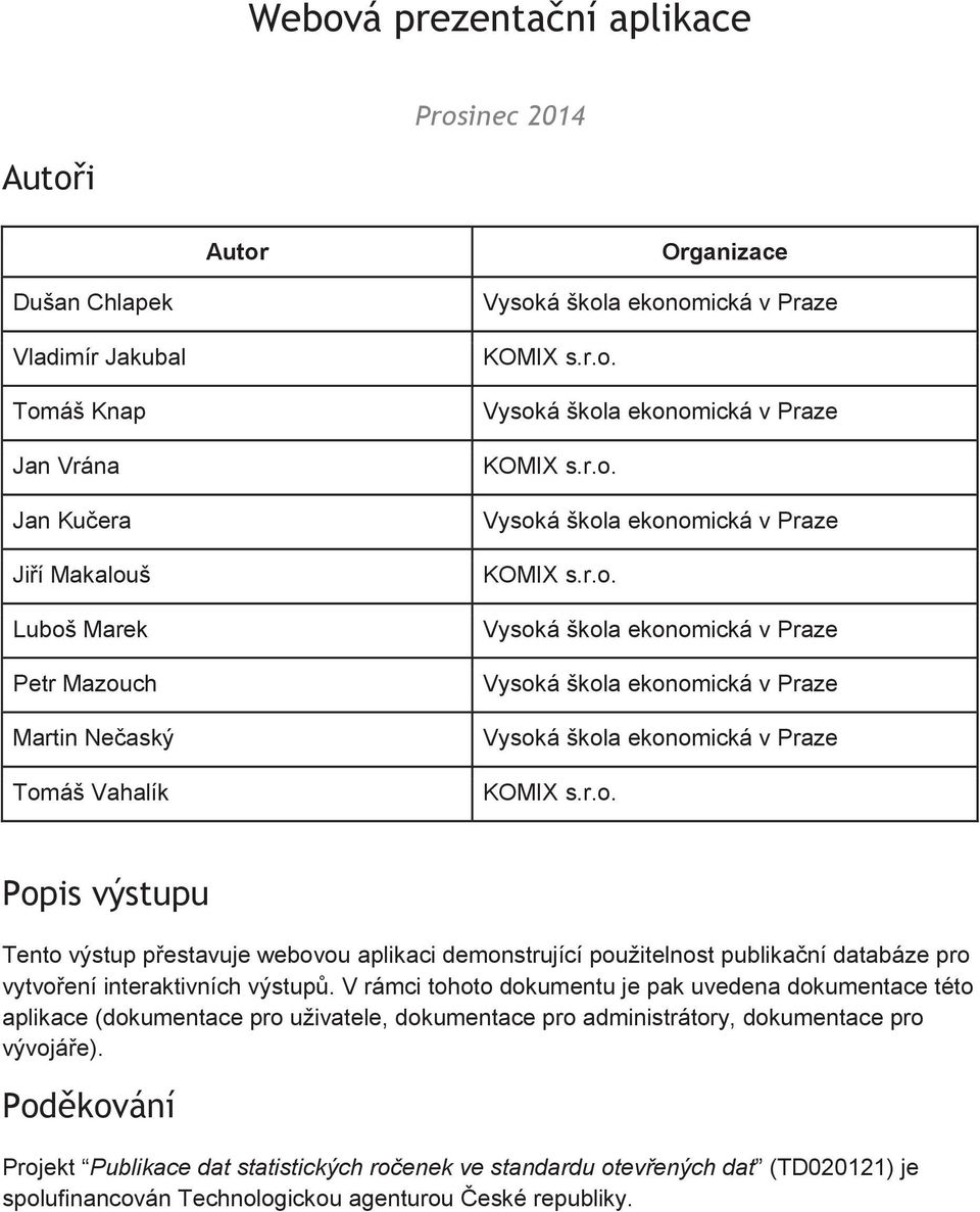 r.o. Popis výstupu Tento výstup přestavuje webovou aplikaci demonstrující použitelnost publikační databáze pro vytvoření interaktivních výstupů.
