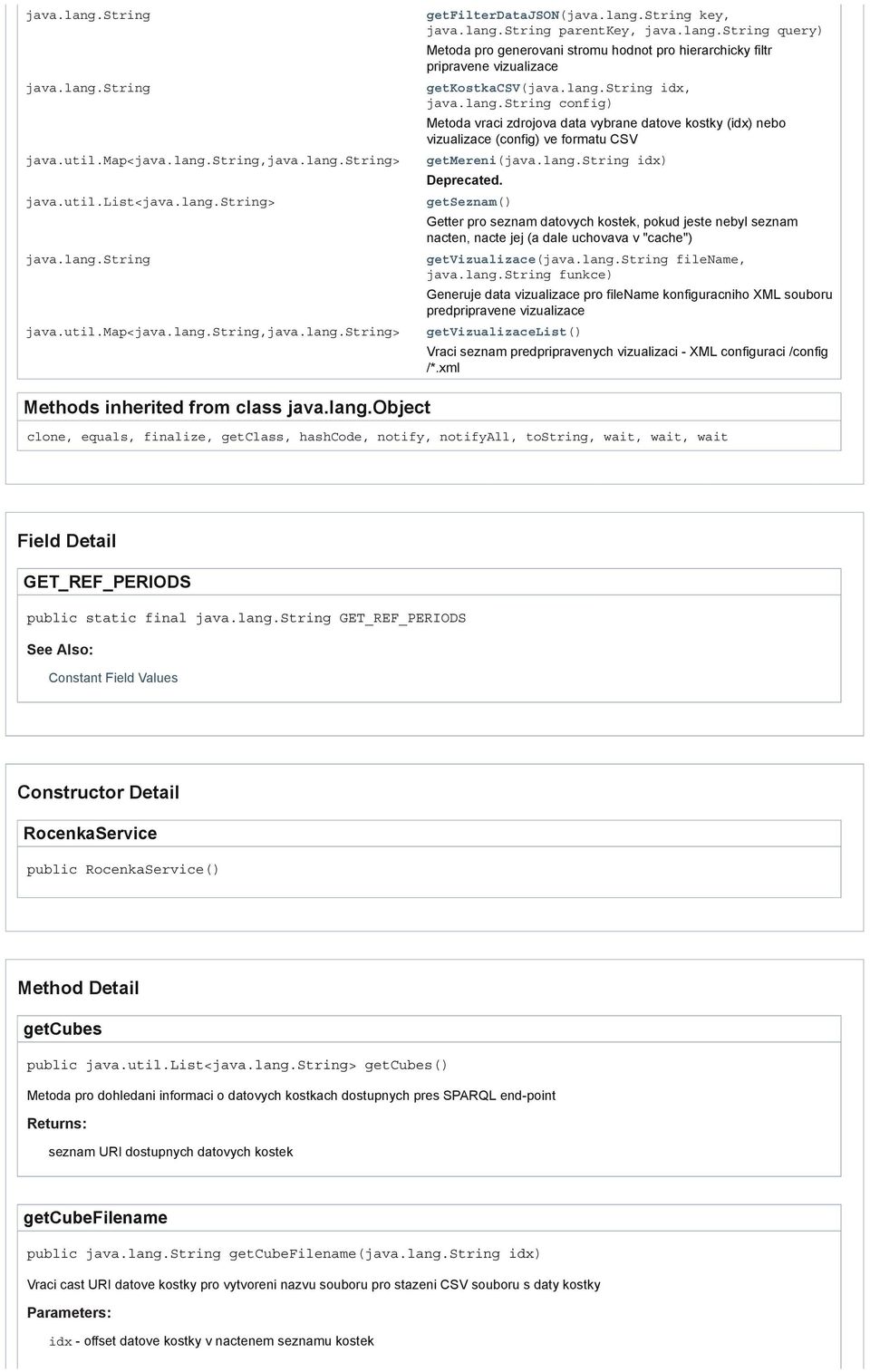 lang.string idx) Deprecated. getseznam() Getter pro seznam datovych kostek, pokud jeste nebyl seznam nacten, nacte jej (a dale uchovava v "cache") getvizualizace(java.lang.string filename,