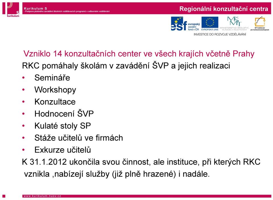 Hodnocení ŠVP Kulaté stoly SP Stáže učitelů ve firmách Exkurze učitelů K 31.