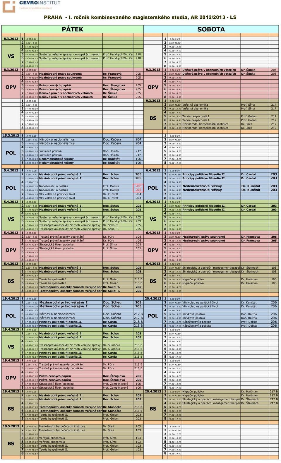 20 1 8.00-9.20 8.3.2013 9.3.2013 Daňové právo v obchodních vztazích Dr. Šimka 205 2 9.30-10.50 Mezinárodní právo soukromé Dr. Francová 205 2 9.30-10.50 Daňové právo v obchodních vztazích Dr.