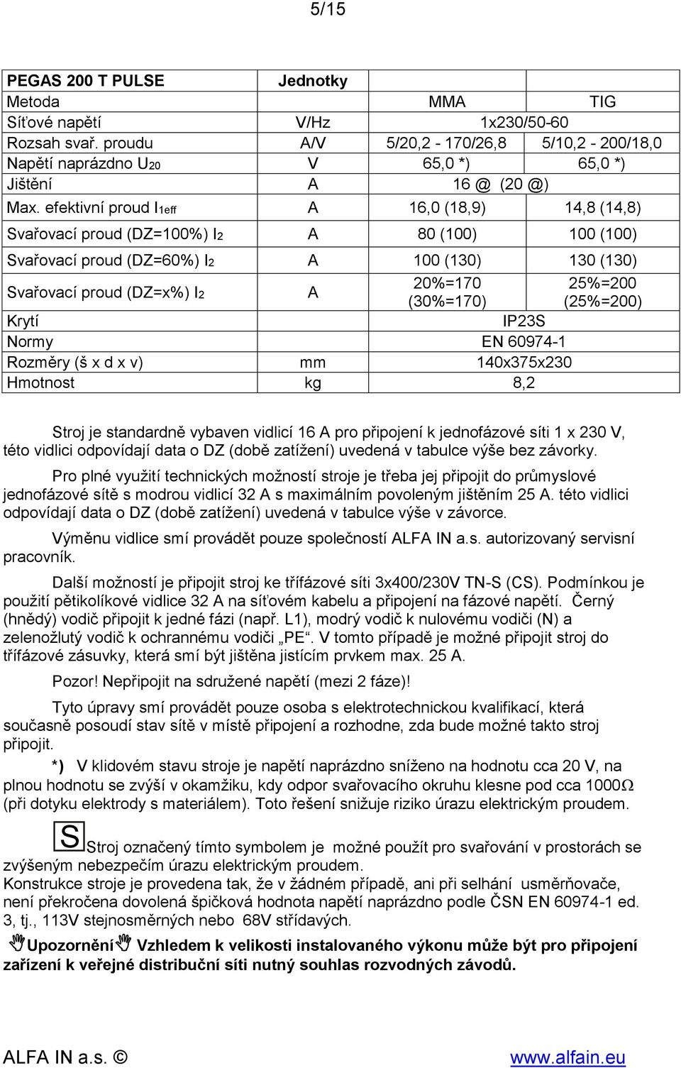 Krytí IP23S Normy EN 60974-1 Rozměry (š x d x v) mm 140x375x230 Hmotnost kg 8,2 25%=200 (25%=200) Stroj je standardně vybaven vidlicí 16 A pro připojení k jednofázové síti 1 x 230 V, této vidlici