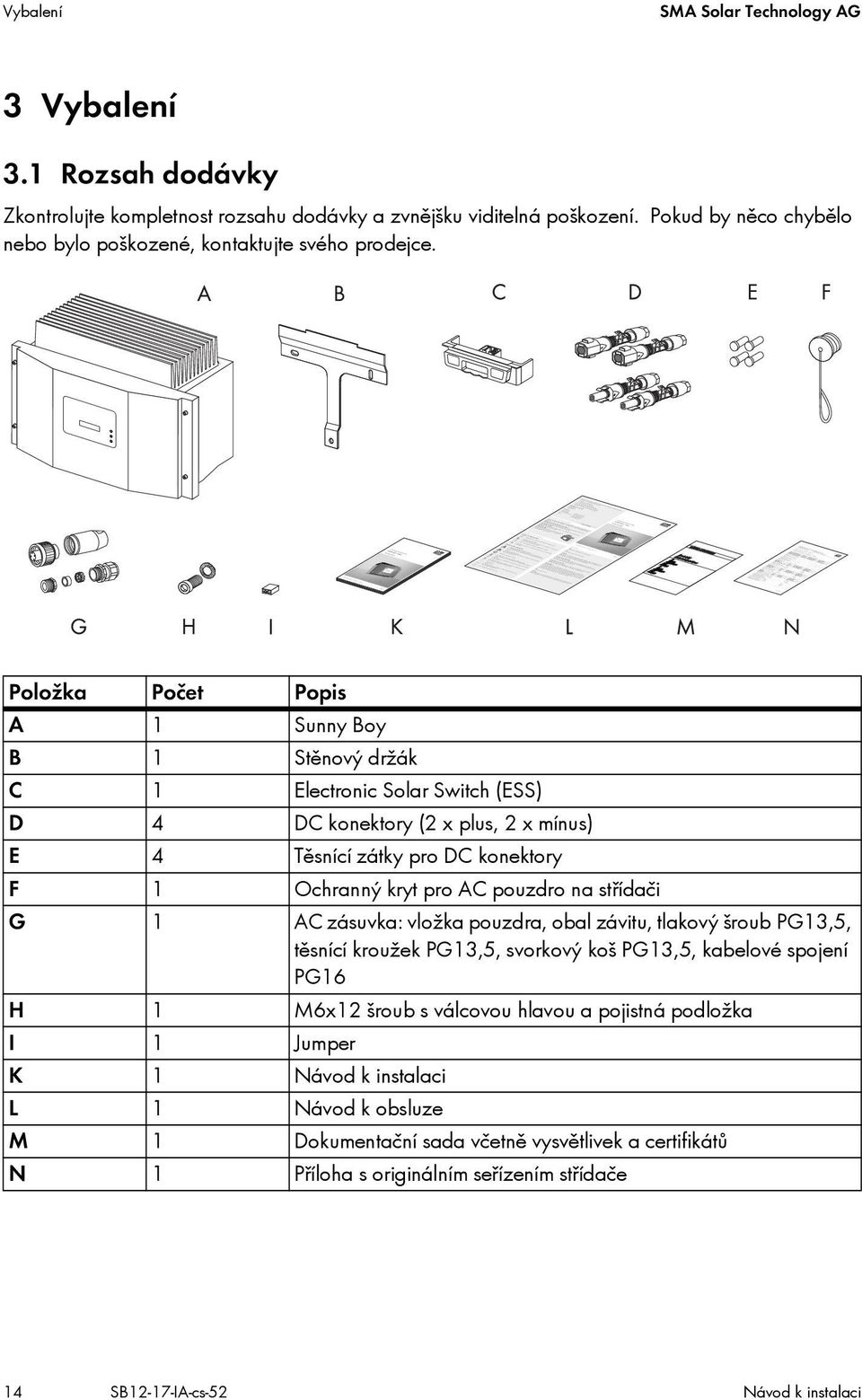 Položka Počet Popis A 1 Sunny Boy B 1 Stěnový držák C 1 Electronic Solar Switch (ESS) D 4 DC konektory (2 x plus, 2 x mínus) E 4 Těsnící zátky pro DC konektory F 1 Ochranný kryt pro AC pouzdro na