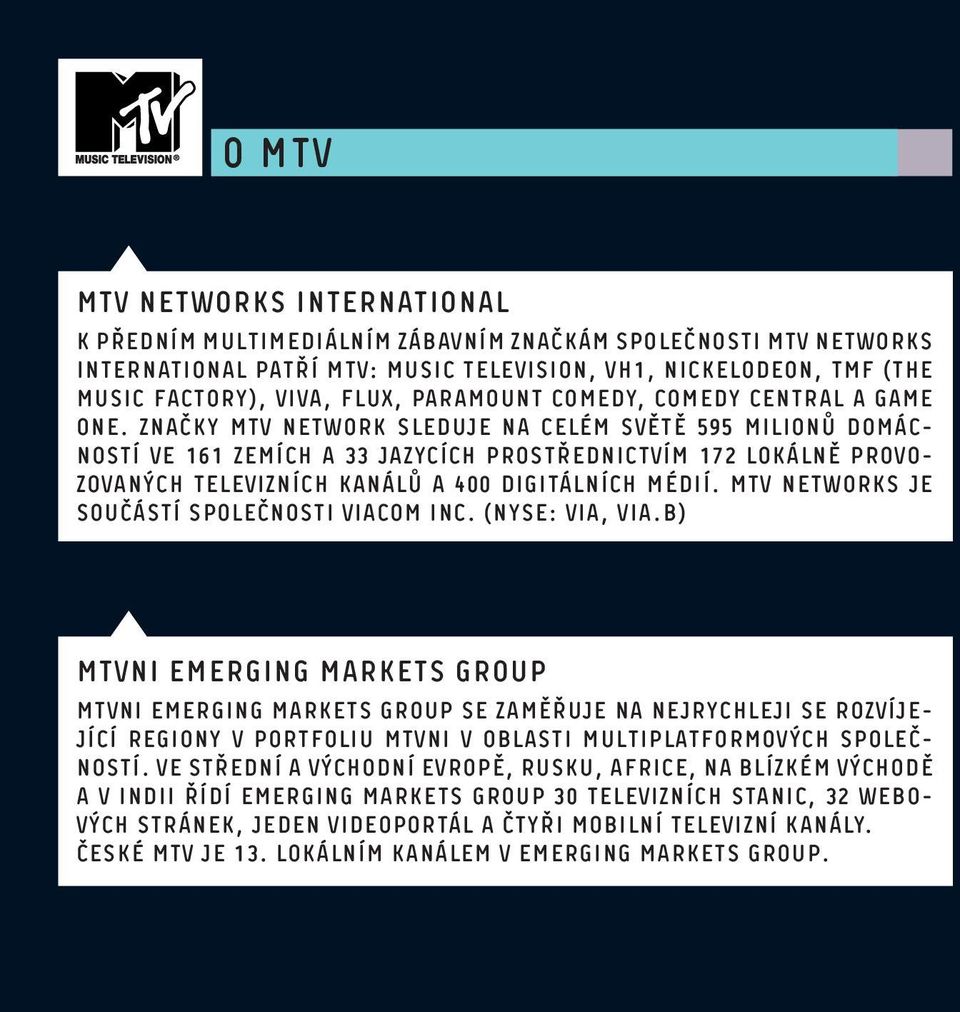 Značky MTV Network sleduje na celém světě 595 milionů domácností ve 161 zemích a 33 jazycích prostřednictvím 172 lokálně provozovaných televizních kanálů a 400 digitálních médií.