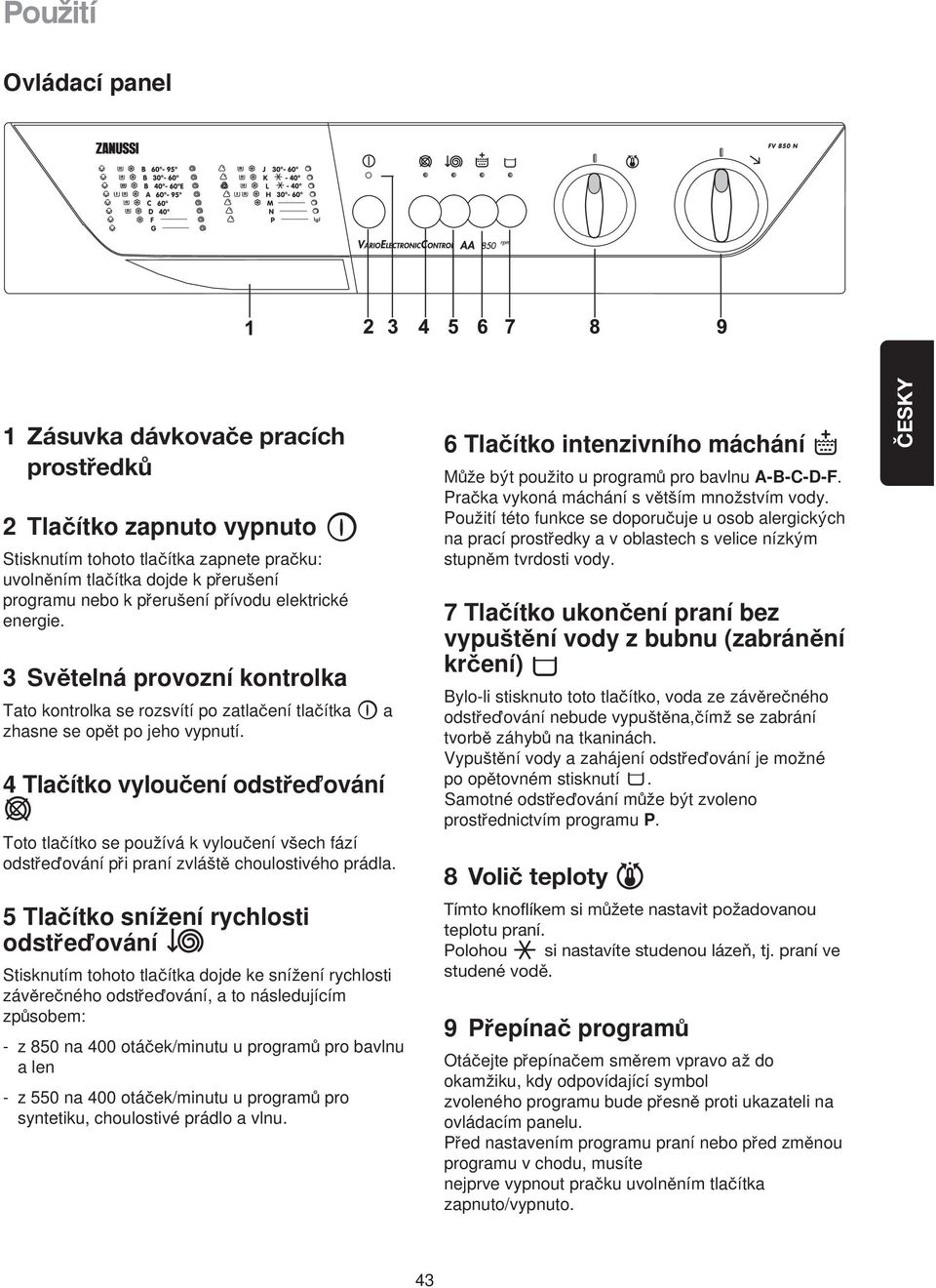 4 Tlacítko vyloucení odstredování Toto tlacítko se pouzívá k vyloucení vsech fází odstredování pri praní zvlást choulostivého prádla.
