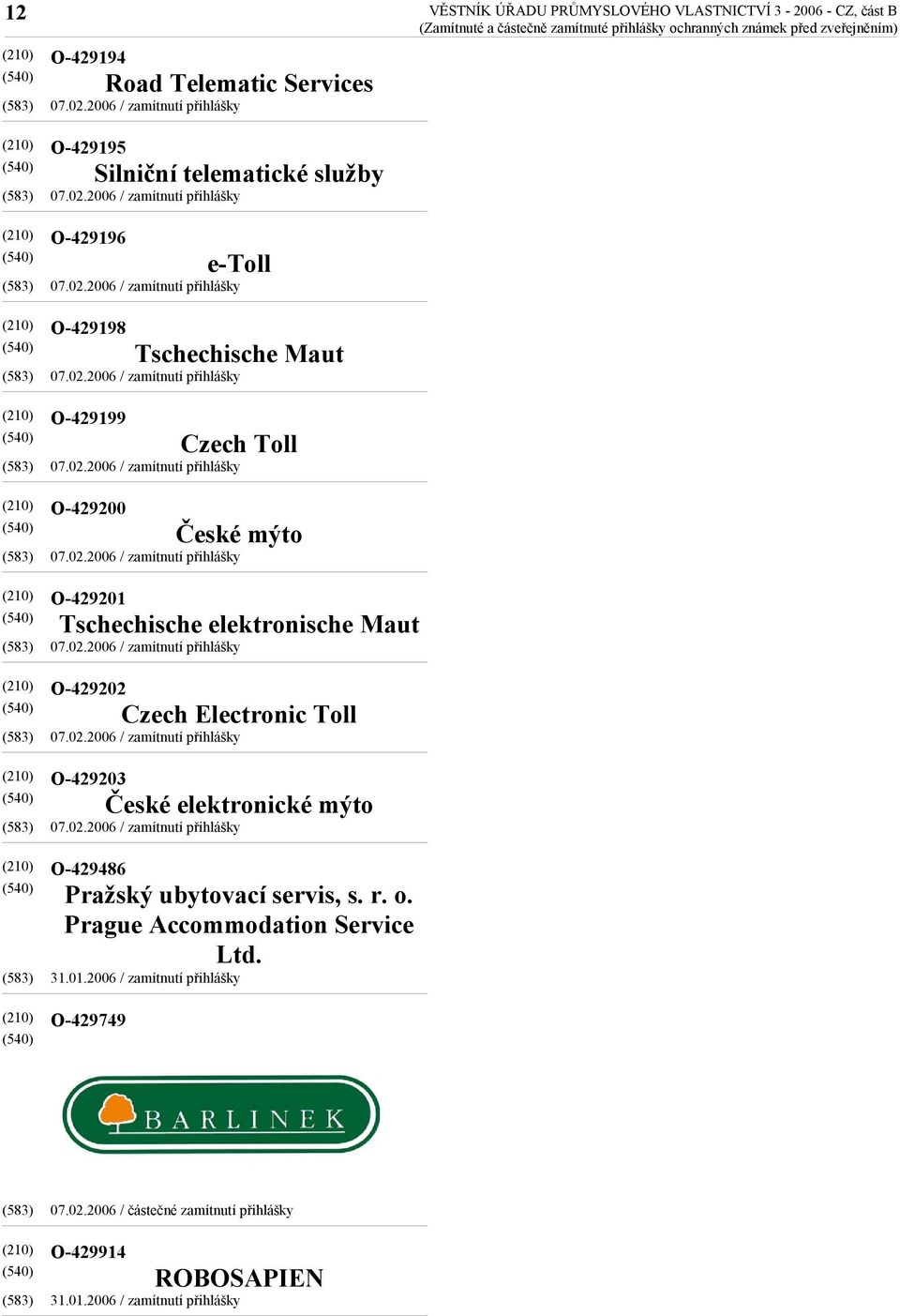 část B O-429201 Tschechische elektronische Maut O-429202 O-429203 O-429486 Czech Electronic Toll České