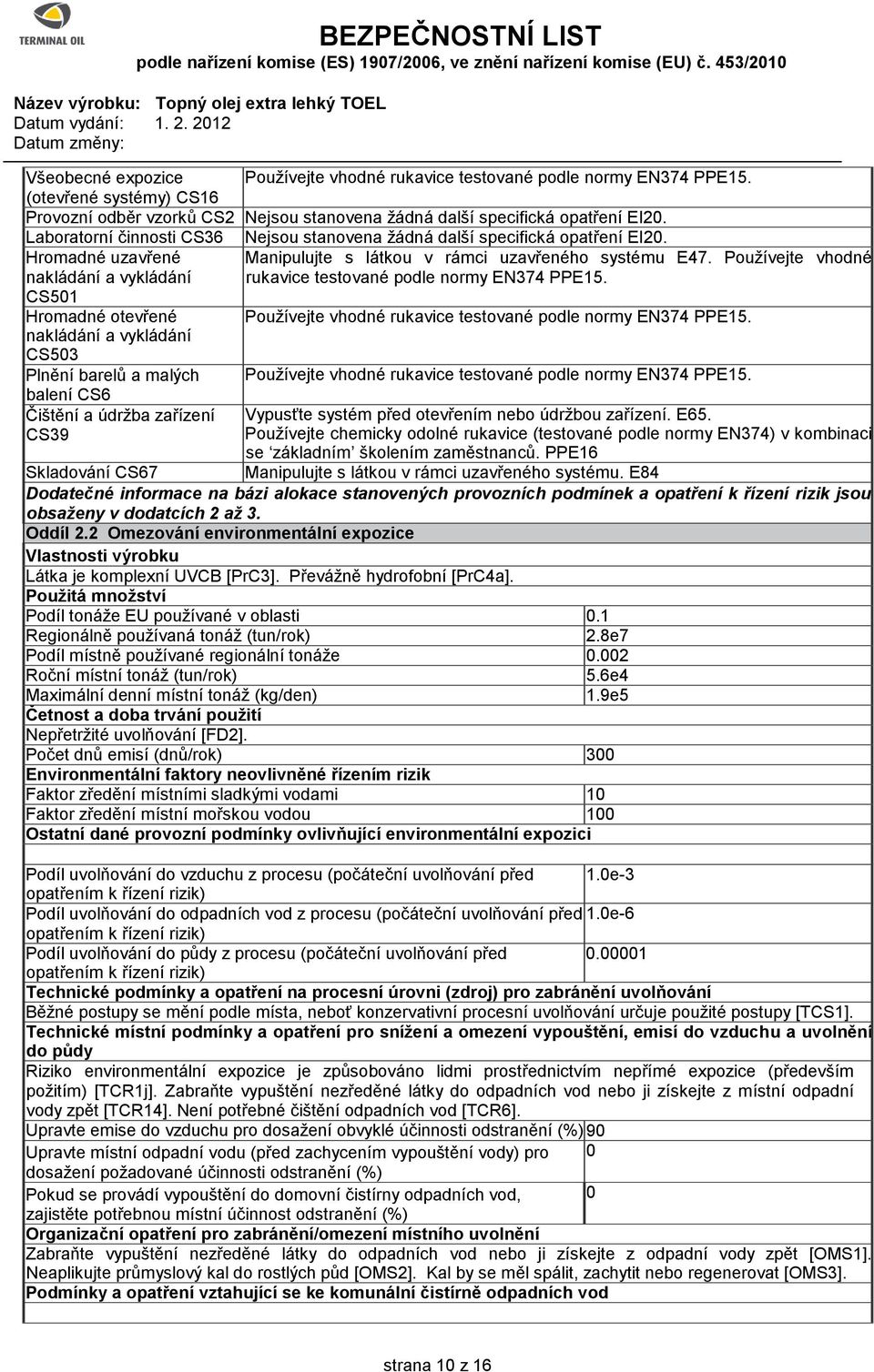 Používejte vhodné nakládání a vykládání rukavice testované podle normy EN374 PPE15. CS501 Hromadné otevřené Používejte vhodné rukavice testované podle normy EN374 PPE15.