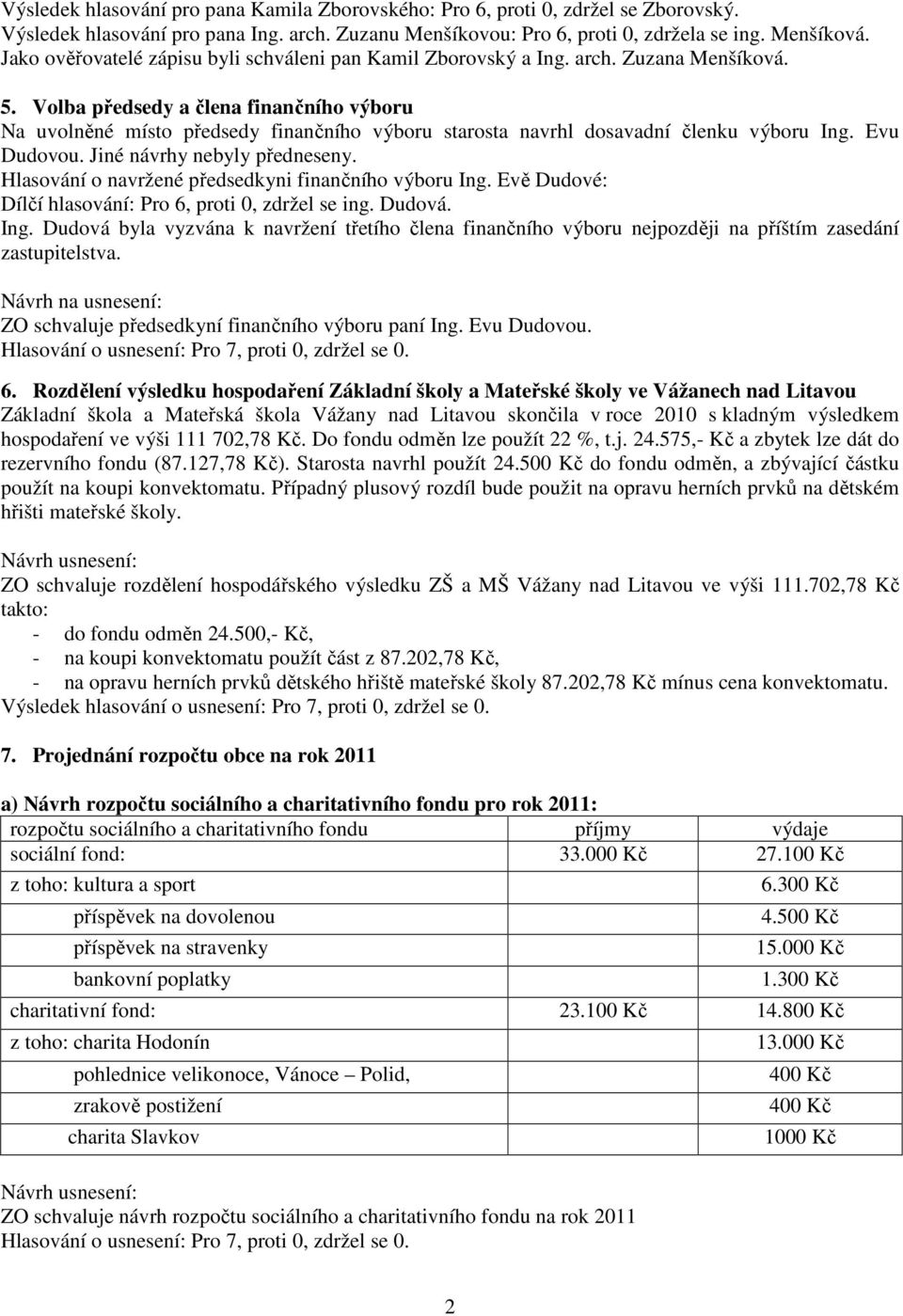 Volba předsedy a člena finančního výboru Na uvolněné místo předsedy finančního výboru starosta navrhl dosavadní členku výboru Ing. Evu Dudovou. Jiné návrhy nebyly předneseny.