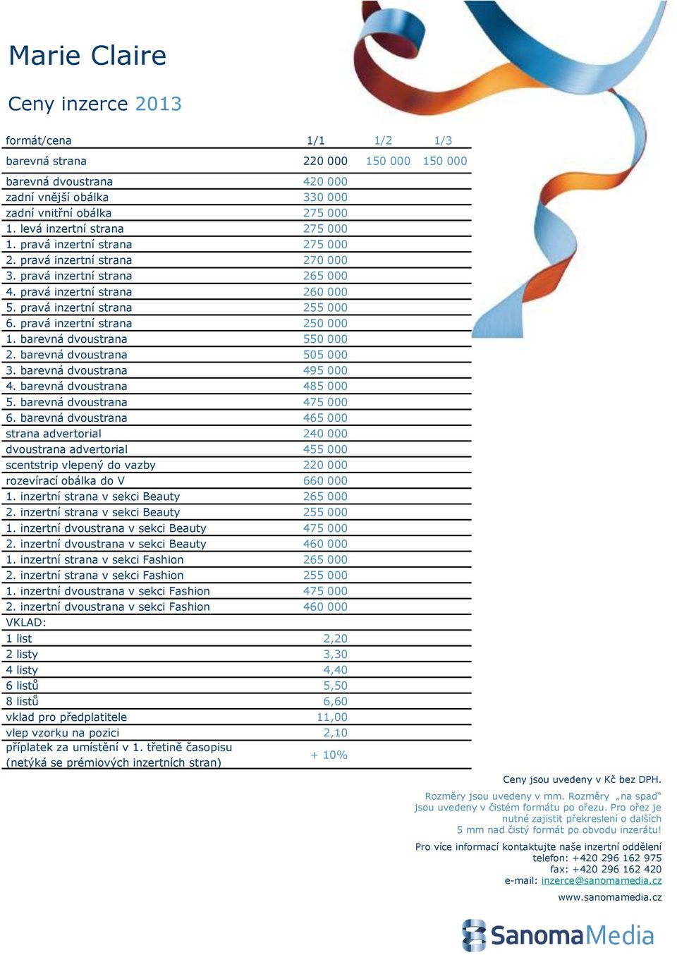 pravá inzertní strana 250 000 1. barevná dvoustrana 550 000 2. barevná dvoustrana 505 000 3. barevná dvoustrana 495 000 4. barevná dvoustrana 485 000 5. barevná dvoustrana 475 000 6.