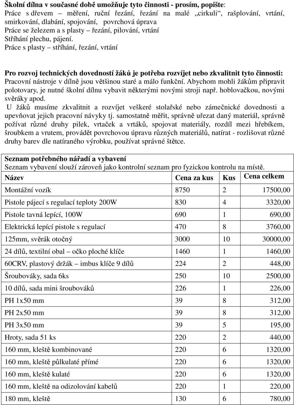 Práce s plasty stříhání, řezání, vrtání Pro rozvoj technických dovedností žáků je potřeba rozvíjet nebo zkvalitnit tyto činnosti: Pracovní nástroje v dílně jsou většinou staré a málo funkční.