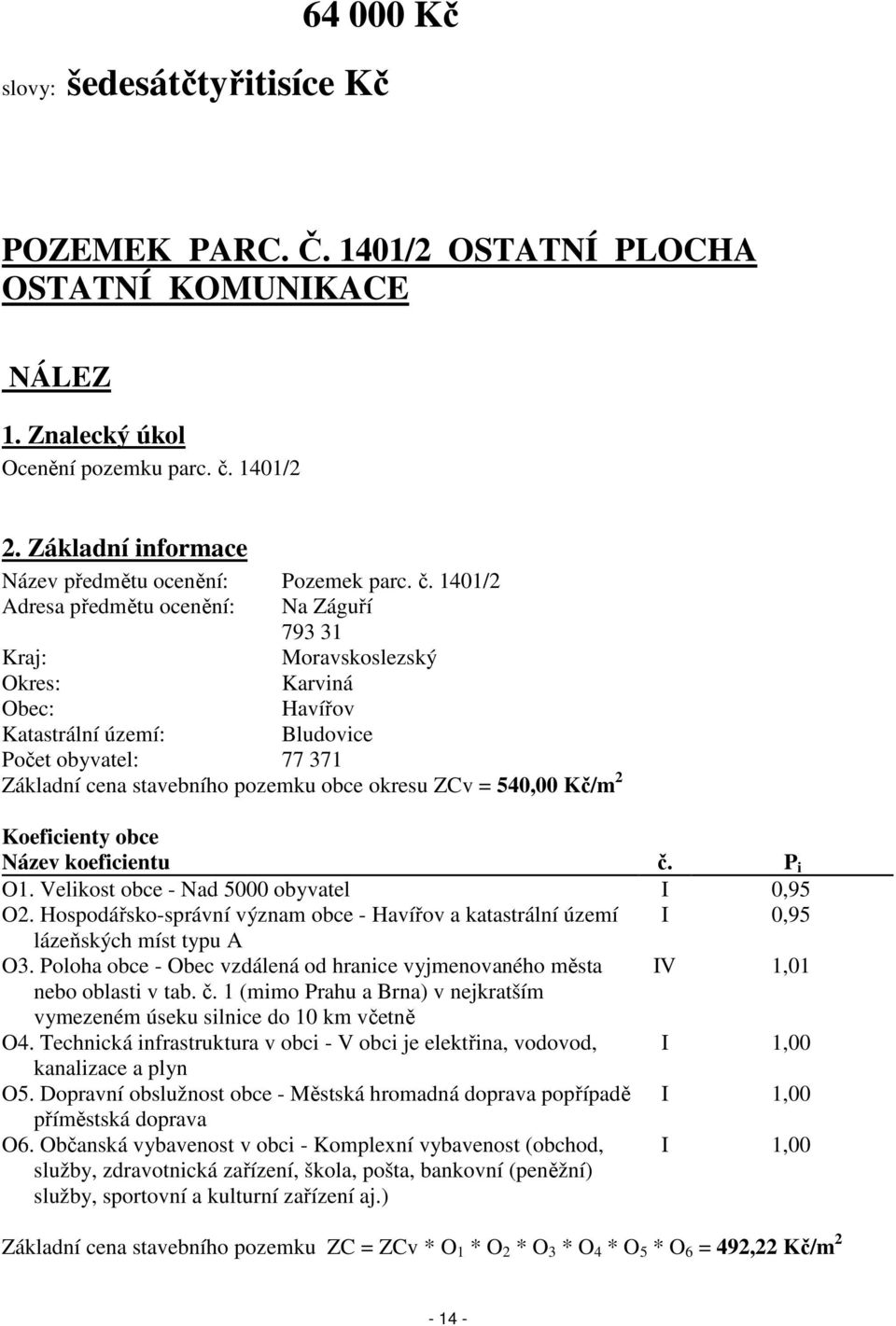 1401/2 Adresa předmětu ocenění: Na Záguří 793 31 Kraj: Moravskoslezský Okres: Karviná Obec: Havířov Katastrální území: Bludovice Počet obyvatel: 77 371 Základní cena stavebního pozemku obce okresu