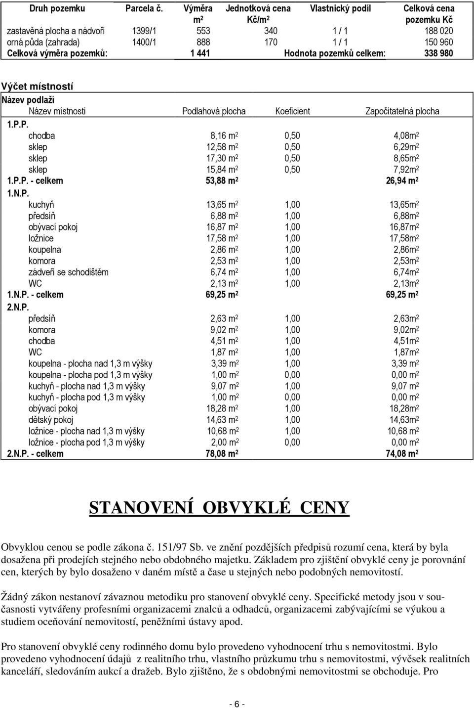 celkem: 338 980 Výčet místností Název podlaží Název místnosti Podlahová plocha Koeficient Započitatelná plocha 1.P.P. chodba 8,16 m 2 0,50 4,08m 2 sklep 12,58 m 2 0,50 6,29m 2 sklep 17,30 m 2 0,50 8,65m 2 sklep 15,84 m 2 0,50 7,92m 2 1.