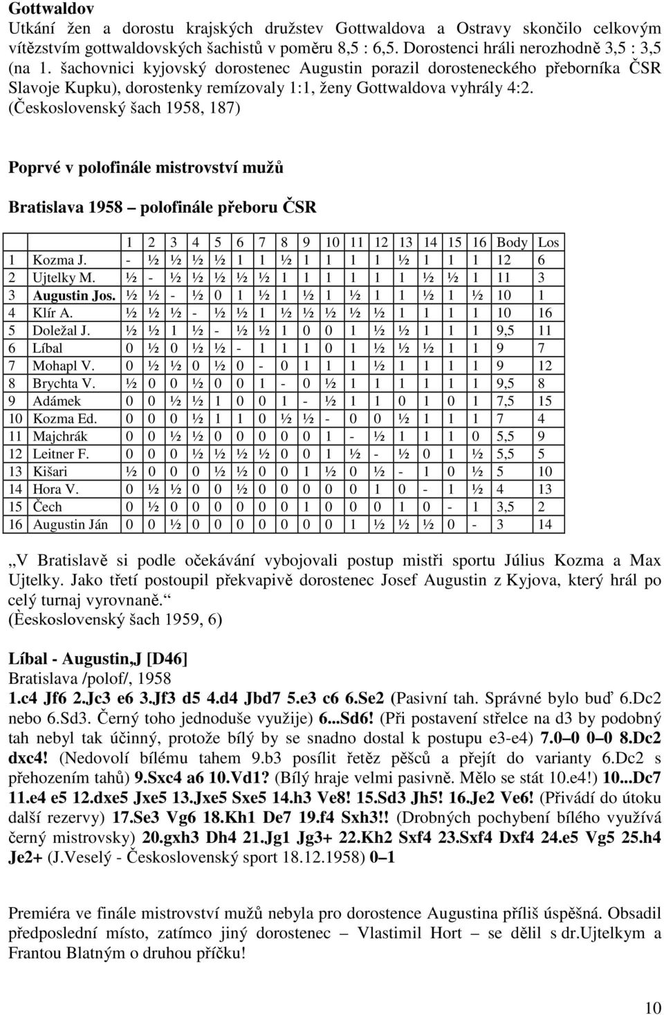 (Československý šach 1958, 187) Poprvé v polofinále mistrovství mužů Bratislava 1958 polofinále přeboru ČSR 1 2 3 4 5 6 7 8 9 10 11 12 13 14 15 16 Body Los 1 Kozma J.
