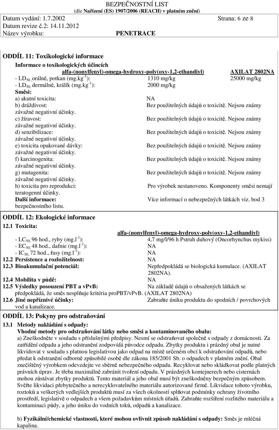 kg -1 ): 1310 mg/kg 25000 mg/kg - LD 50, dermálně, králík (mg.kg -1 ): 2000 mg/kg Směsi: a) akutní toxicita: NA b) dráždivost: Bez použitelných údajů o toxicitě.